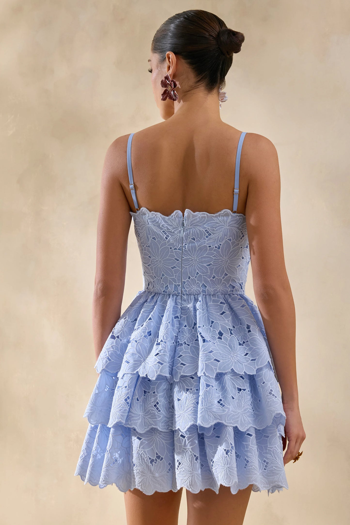 Winona Powder Blue Lace Square-Neck Mini Dress With Ruffled Detailing