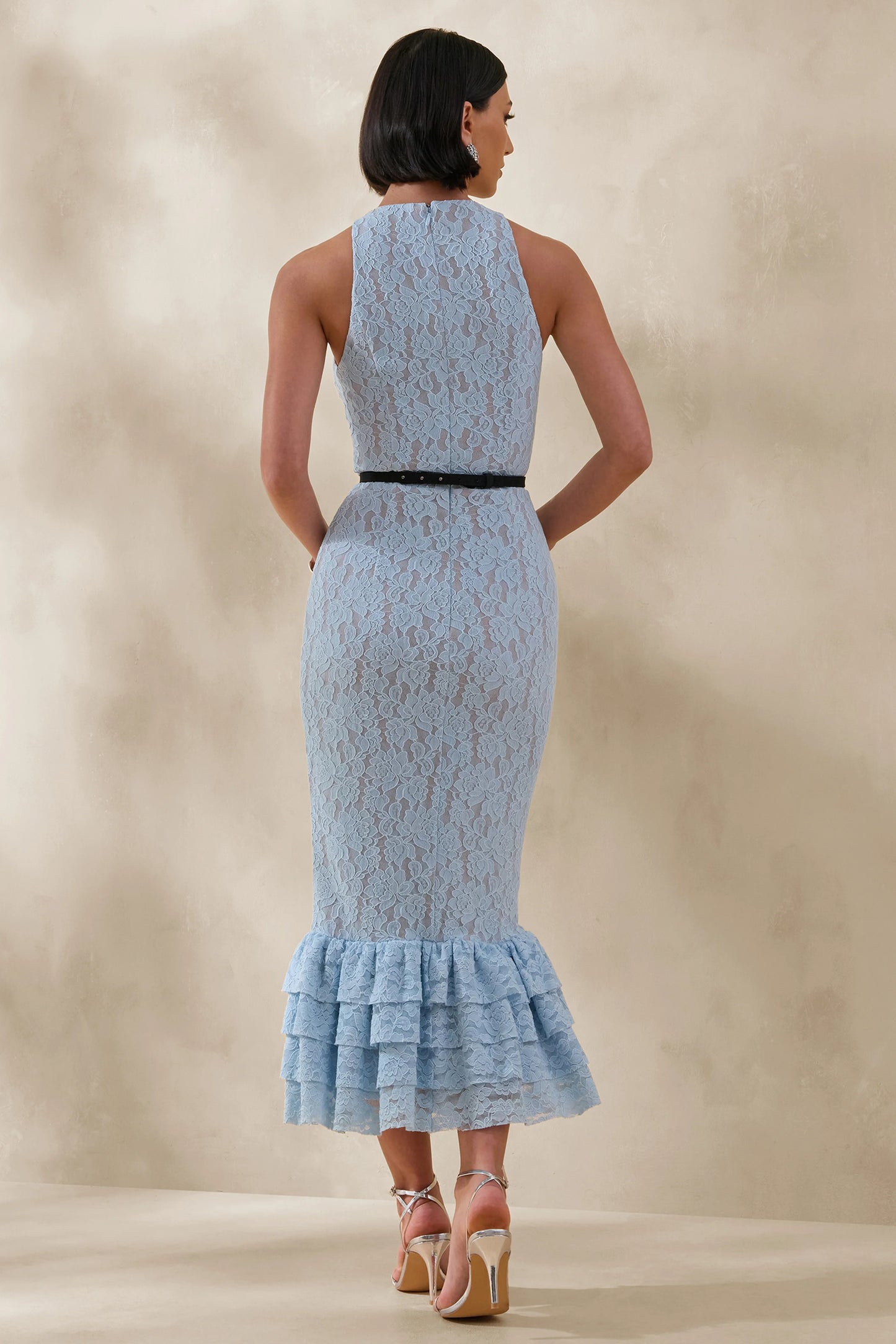 Vionna Blue Lace High-Neck Midi Dress With Bow-Belt Detail