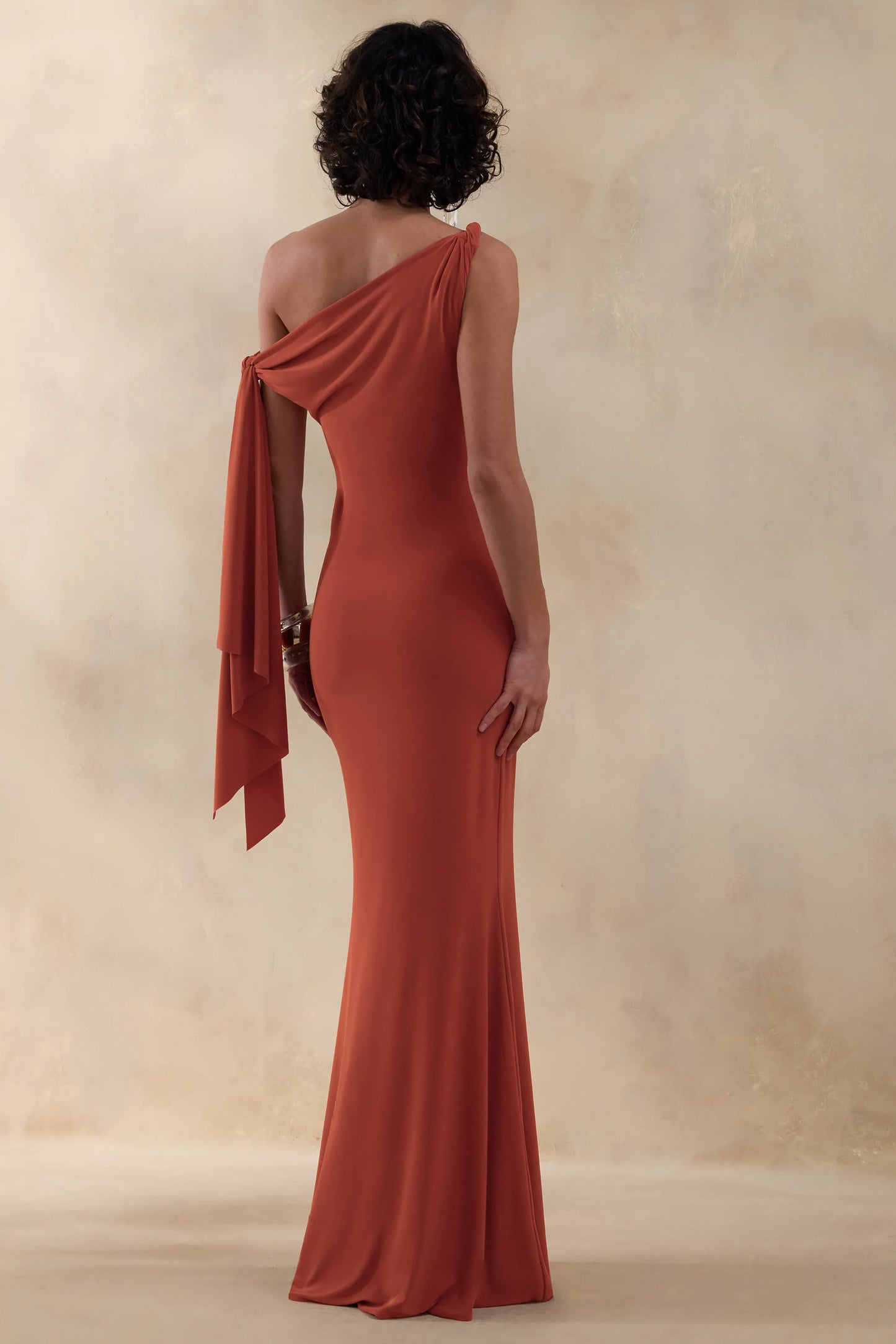 Vista Rust Asymmetric-Neck Maxi Dress With Knot-Sleeve Detail