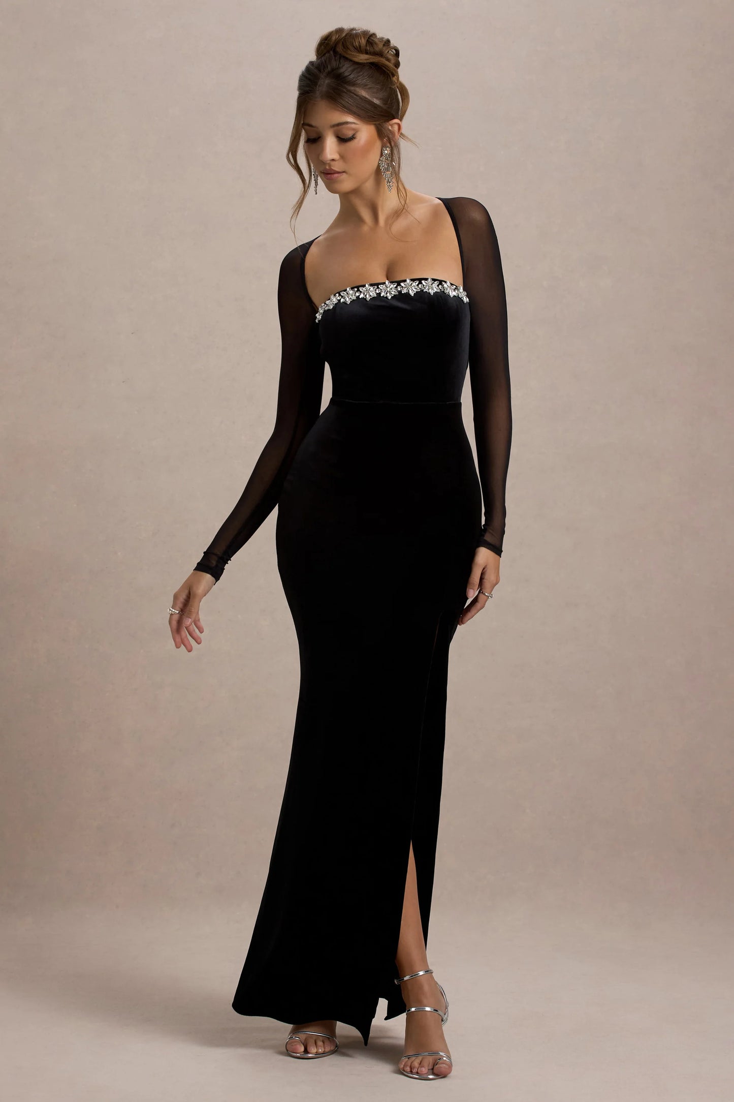 Ashby Black Velvet Embellished Square-Neck Split Maxi Dress