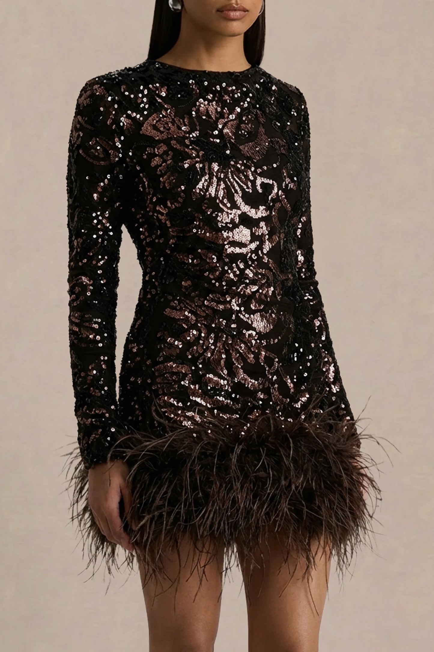 Stardust Brown Sequined Velvet Crew-Neck Mini Dress With Feather Trim