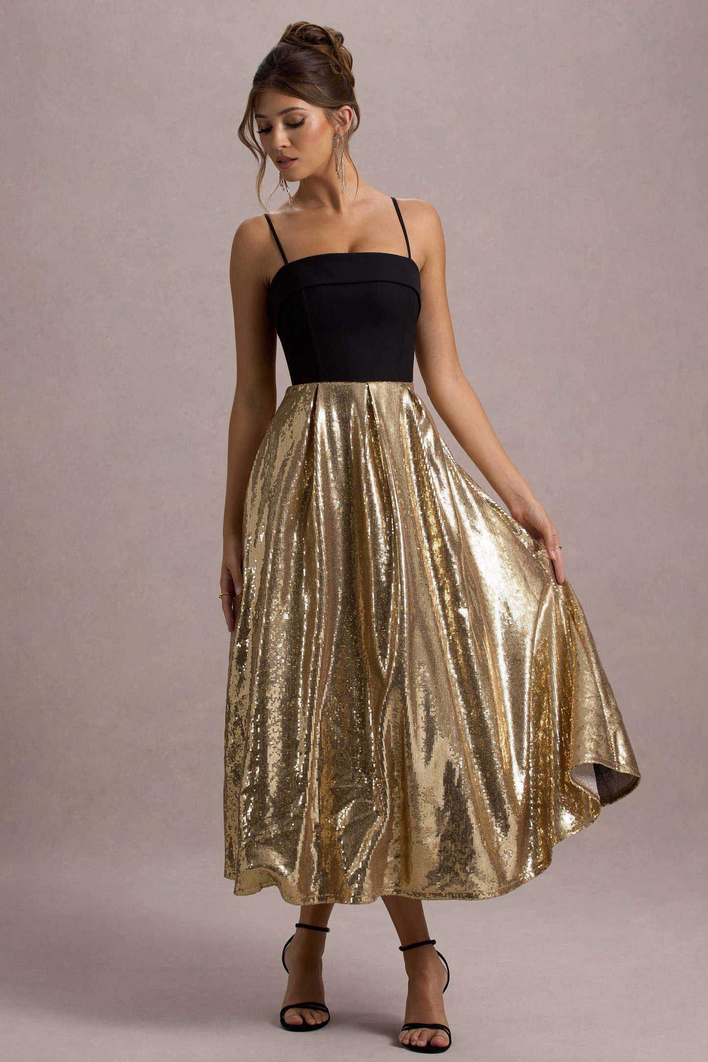 Nicci Black & Gold Strappy Midi Dress With Sequin Skirt
