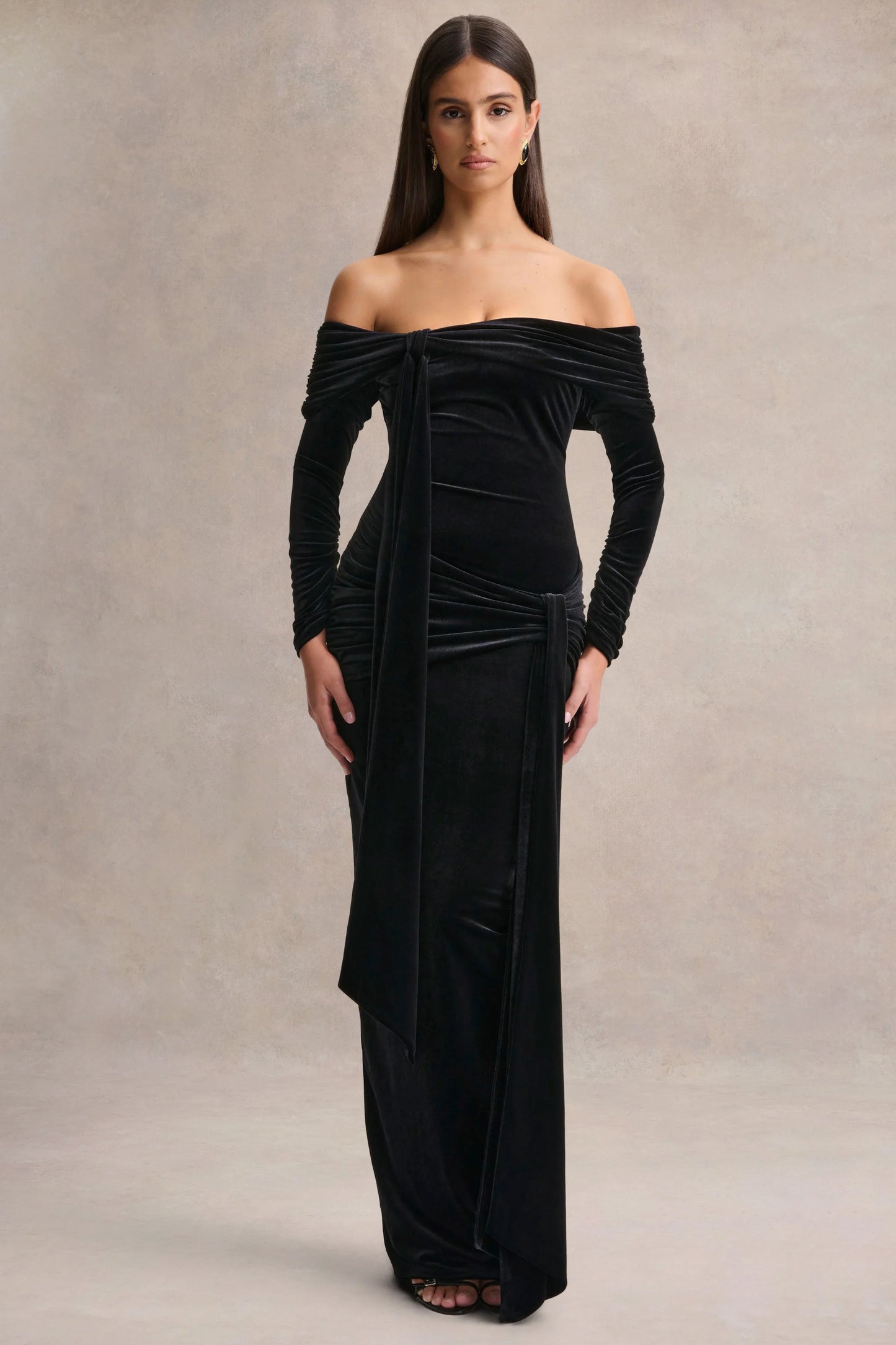 Jessara Black Bardot-Neck Maxi Dress With Knot-Details