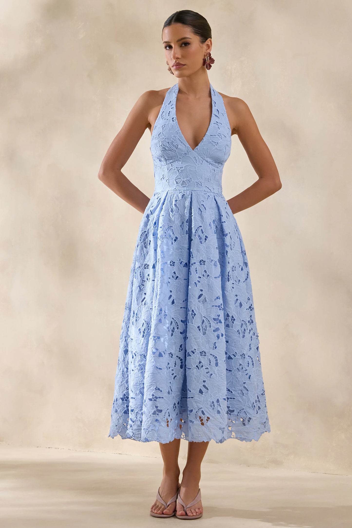 Maribel Powder Blue Lace Plunge-Neck Midi Dress