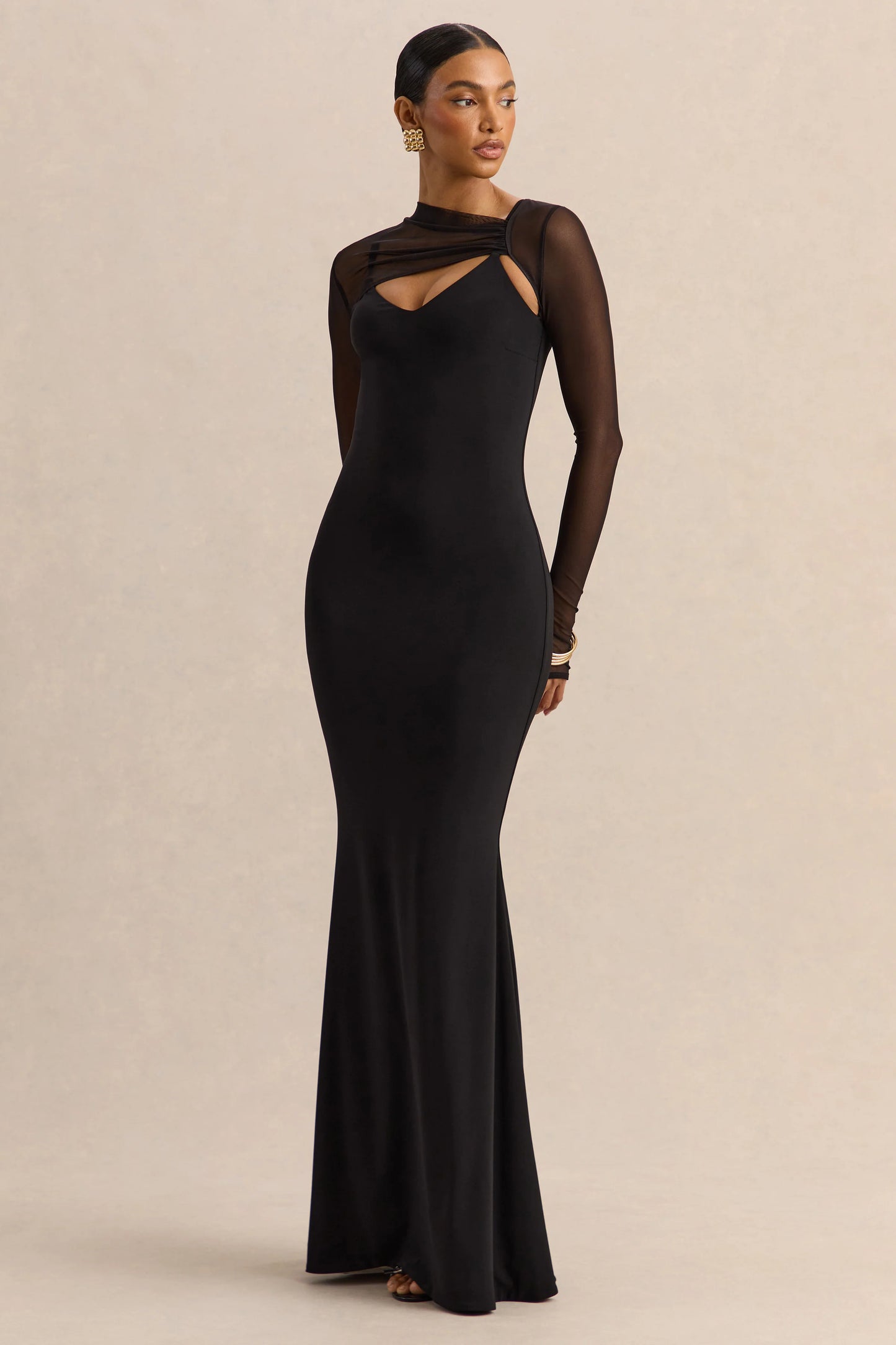 Coralia Black Asymmetric-Neck Maxi Dress With Mesh Long-Sleeves