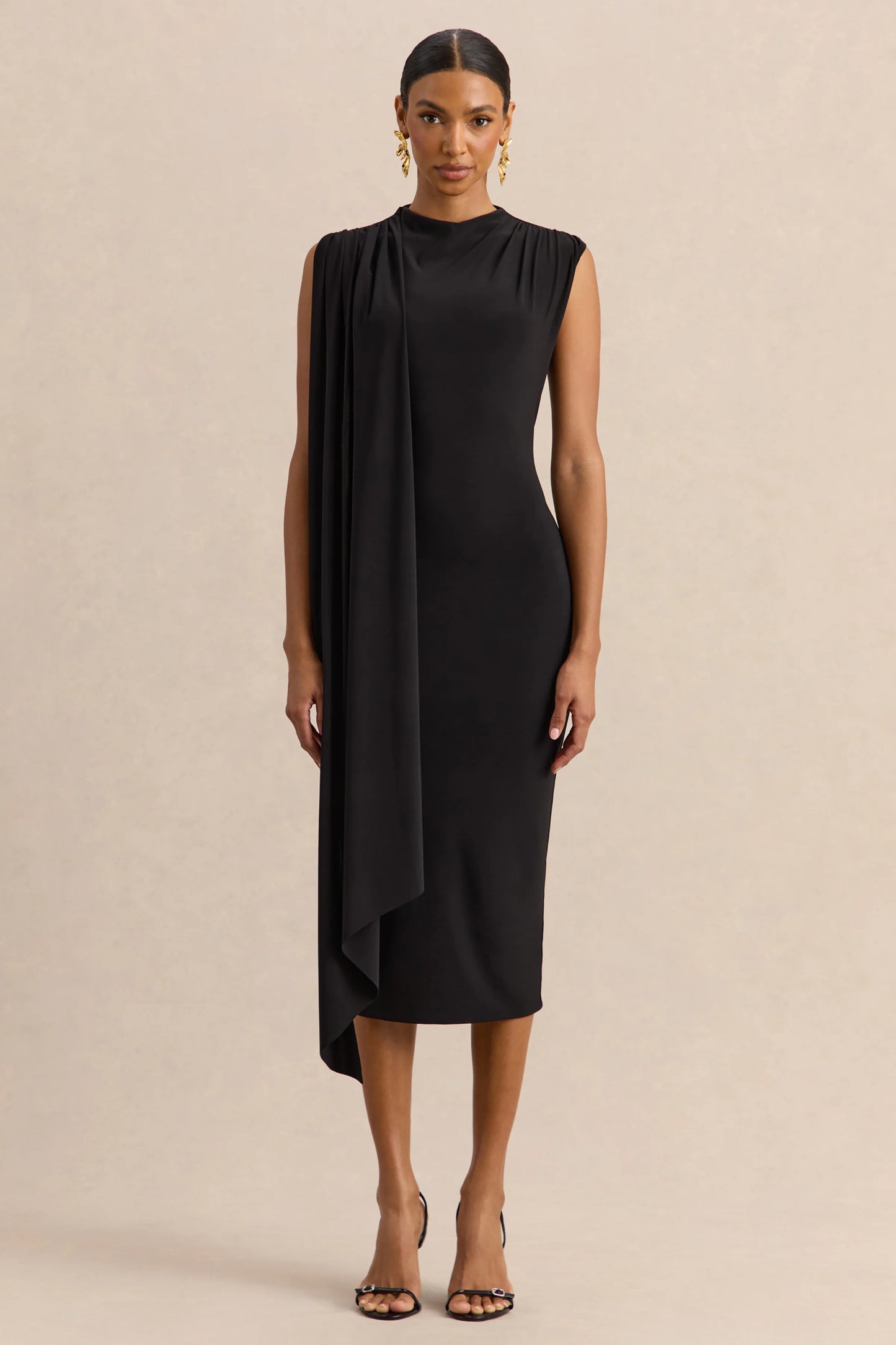 Oleandra Black High-Neck Midi-Dress With Draped-Detail