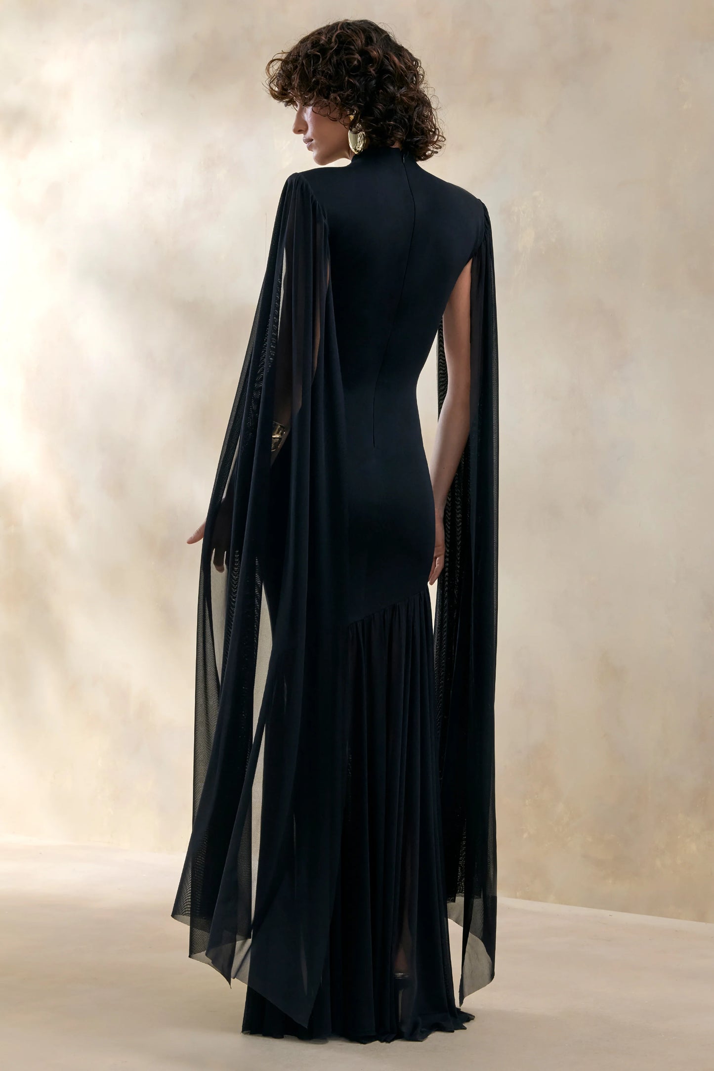 Chantelle Black High-Neck Maxi Dress With Drop-Waist And Cape-Sleeves