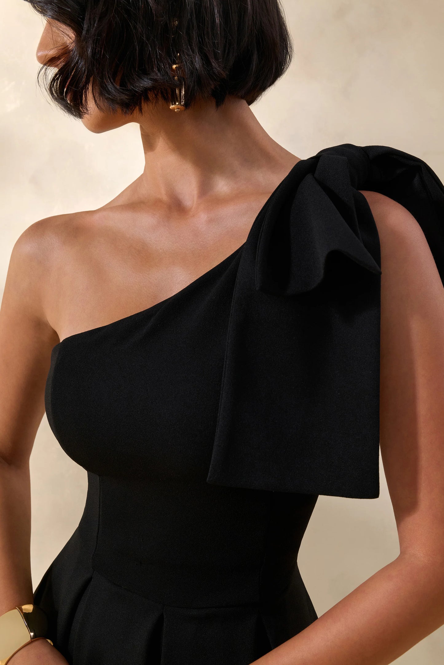 Meria Black Asymmetric-Neck Midi Dress With Bow-Sleeve