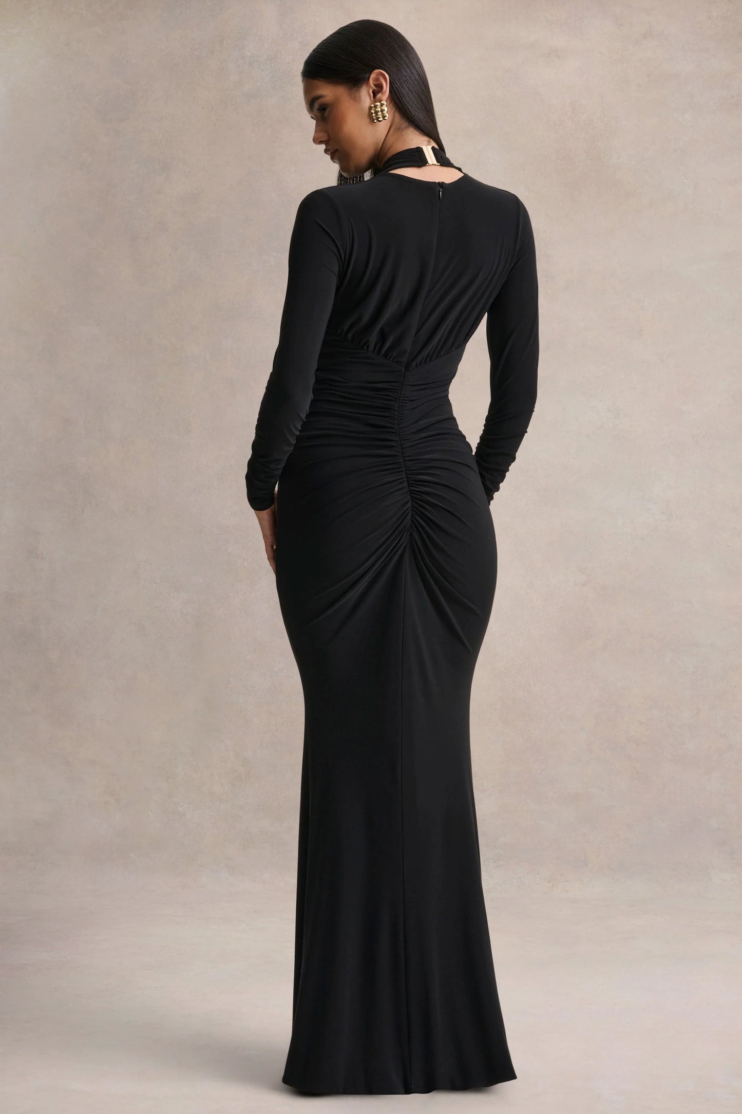 Tami Black Plunge-Neck Long Sleeve Maxi Dress