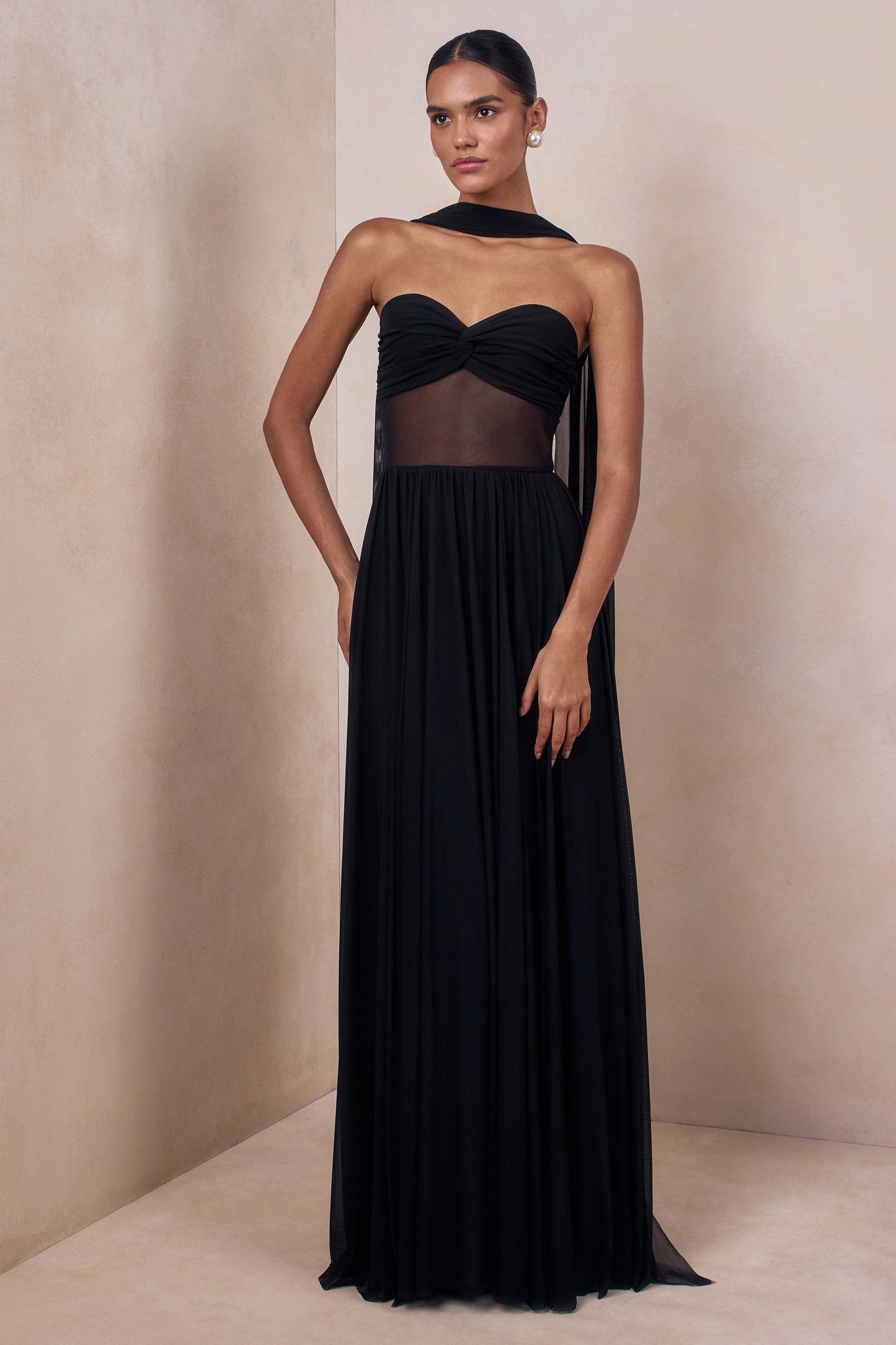 Lyvoria Black Bandeau Maxi Dress With Mesh-Detail And Scarf