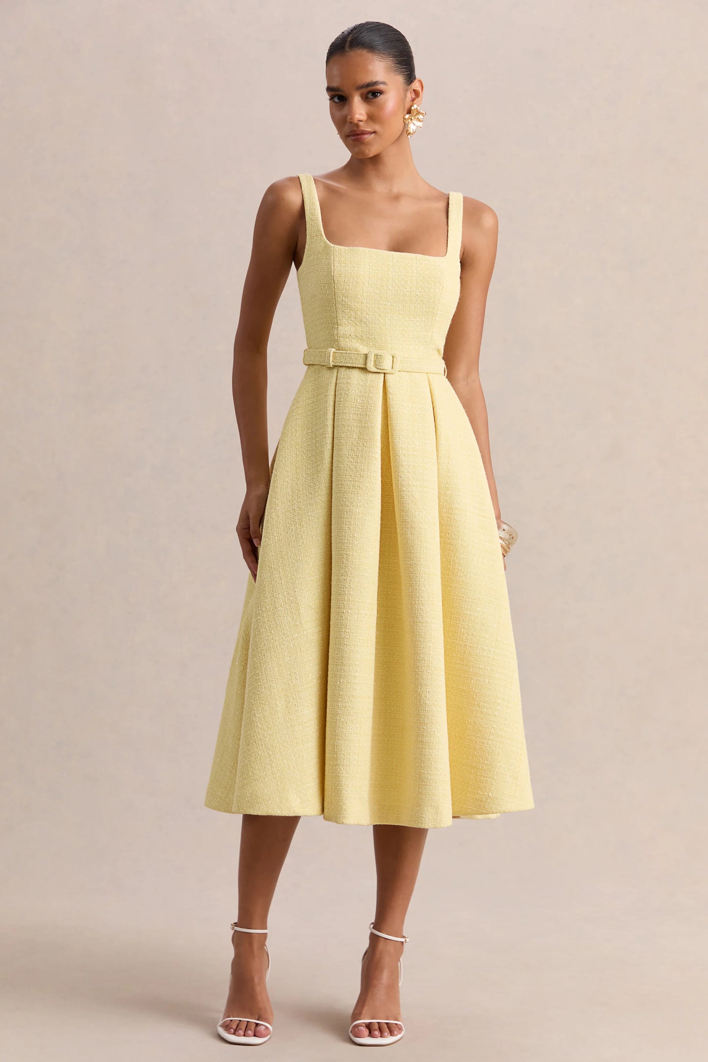Camoria Lemon Boucle Square-Neck Midi Dress