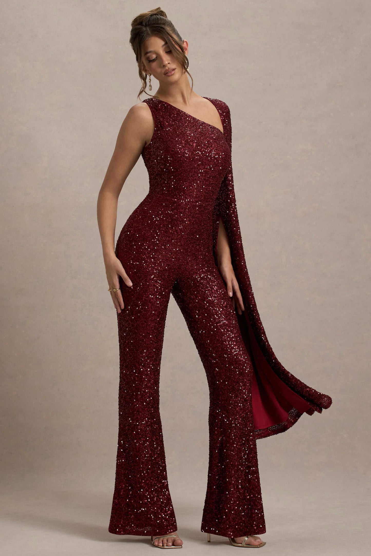Star Seeker Port Sequin One-Shoulder Cape Sleeve Jumpsuit