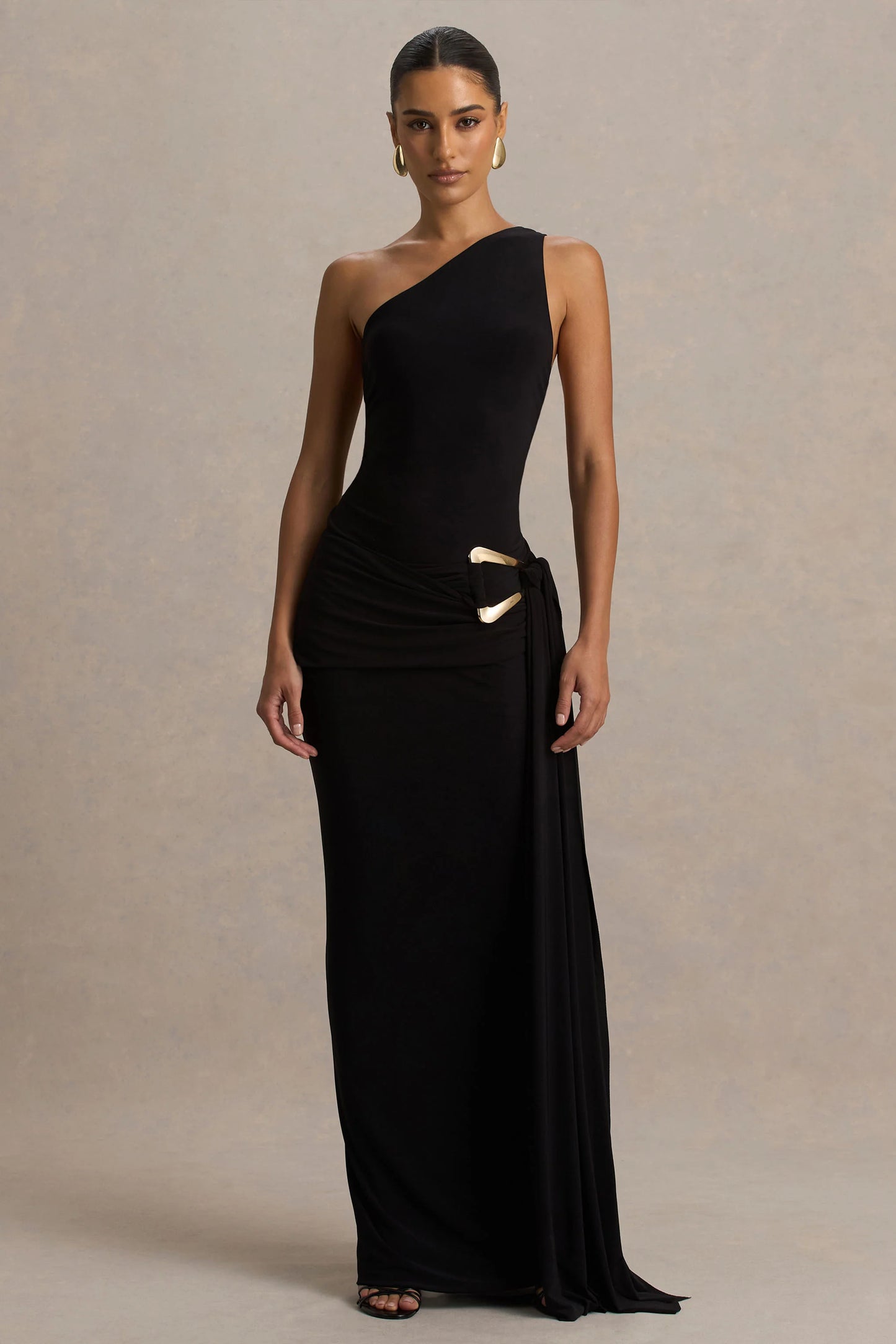 Bonnie Black Asymmetric-Neck Maxi Dress With Open-Back
