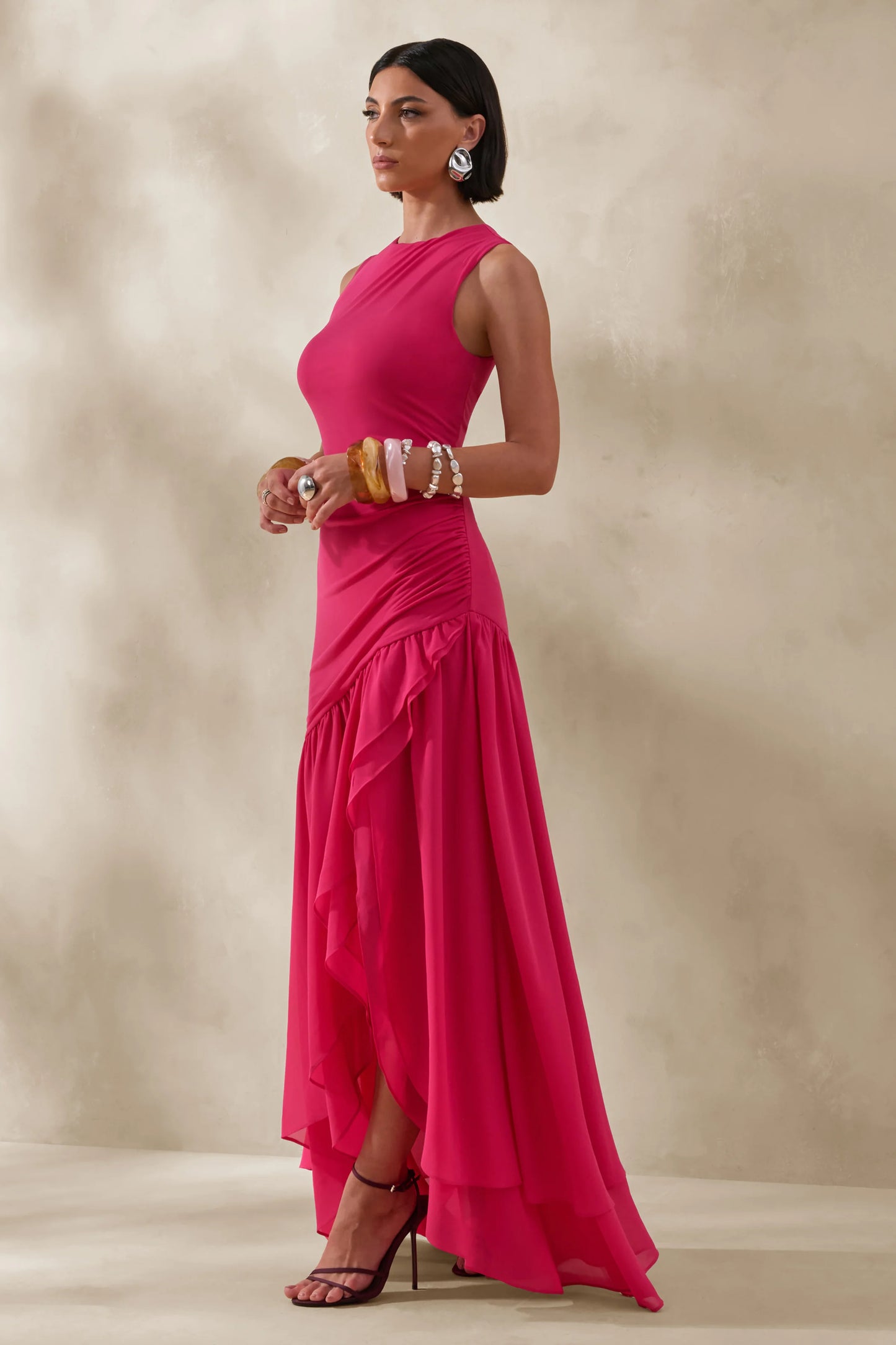 Noelia Hot Pink High-Neck Maxi Dress With Ruffled Detailing
