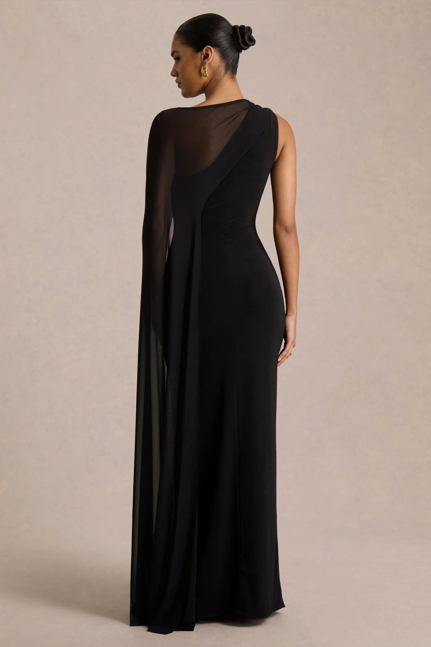 Mirelle Black Asymmetric-Neck Maxi Dress With Sheer Cape-Sleeve