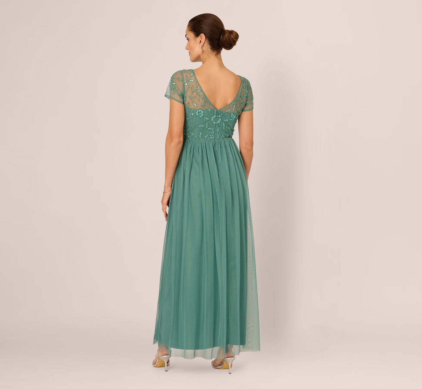 Short Sleeve A Line Beaded Illusion Dress In Green Slate