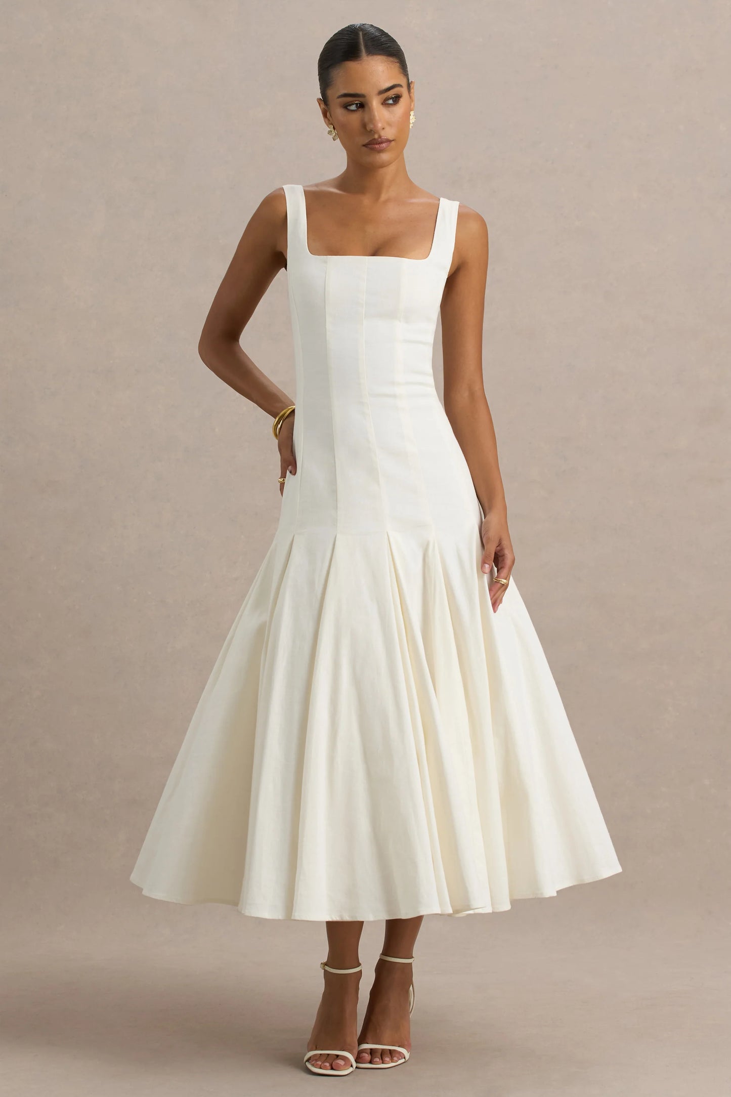Magnolia White Scoop-Neck Midi Dress With Drop-Waist And Ruffling Detail