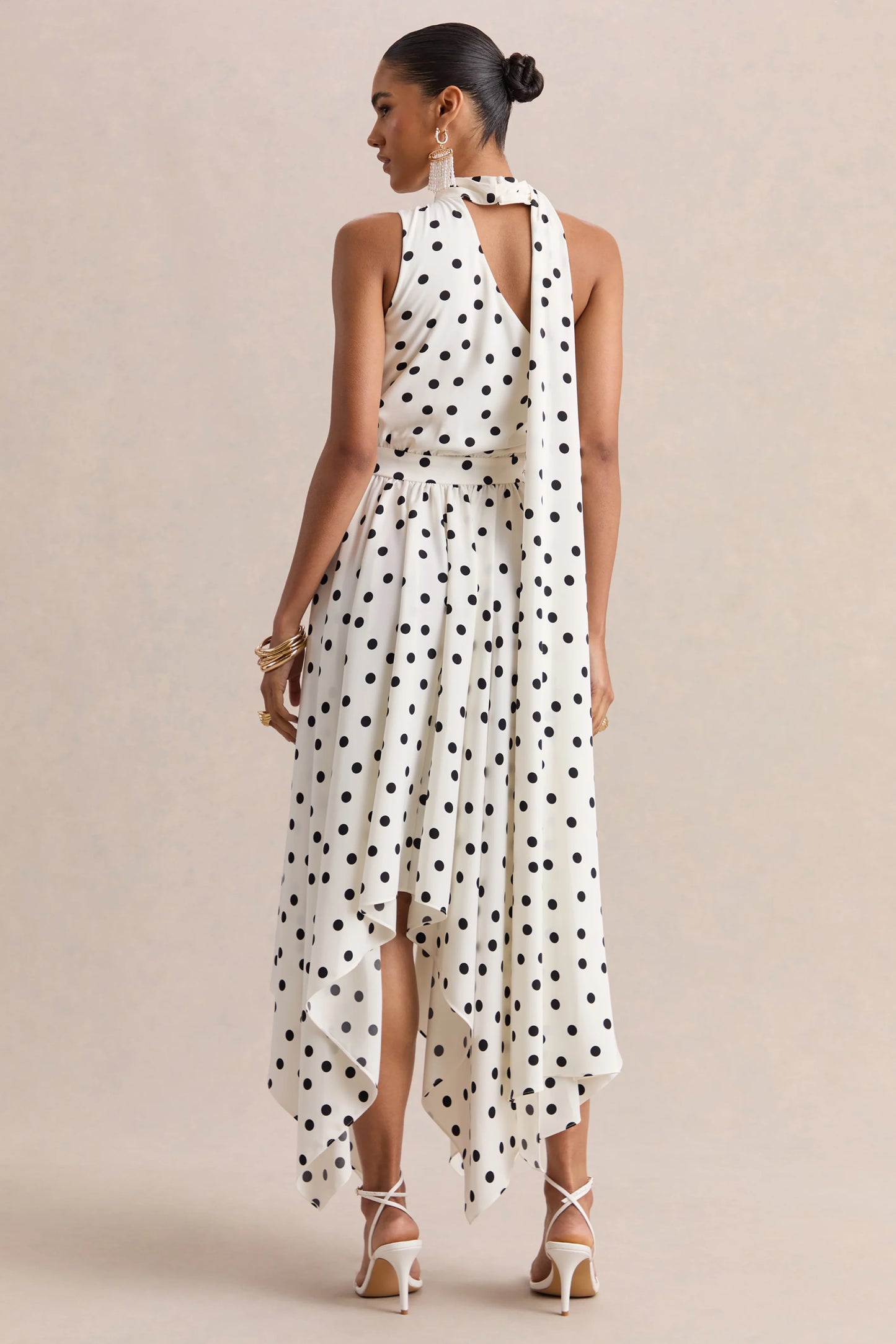 Caluna White And Black Polka Dot Satin Asymmetric-Neck Midi Dress With Scarf-Detail