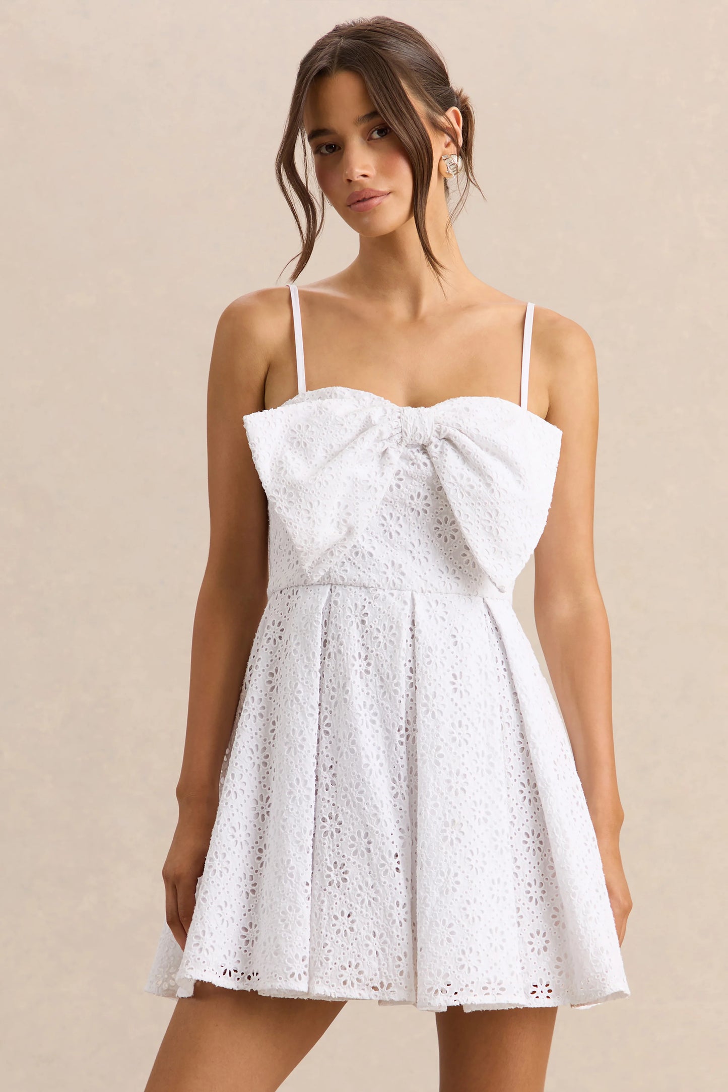 Elina White Square-Neck Mini Dress With Bow Detail