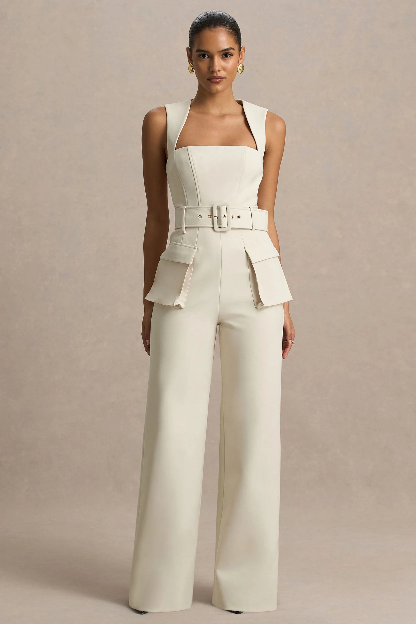 Solice Cream Square-Neck Tailored Jumpsuit