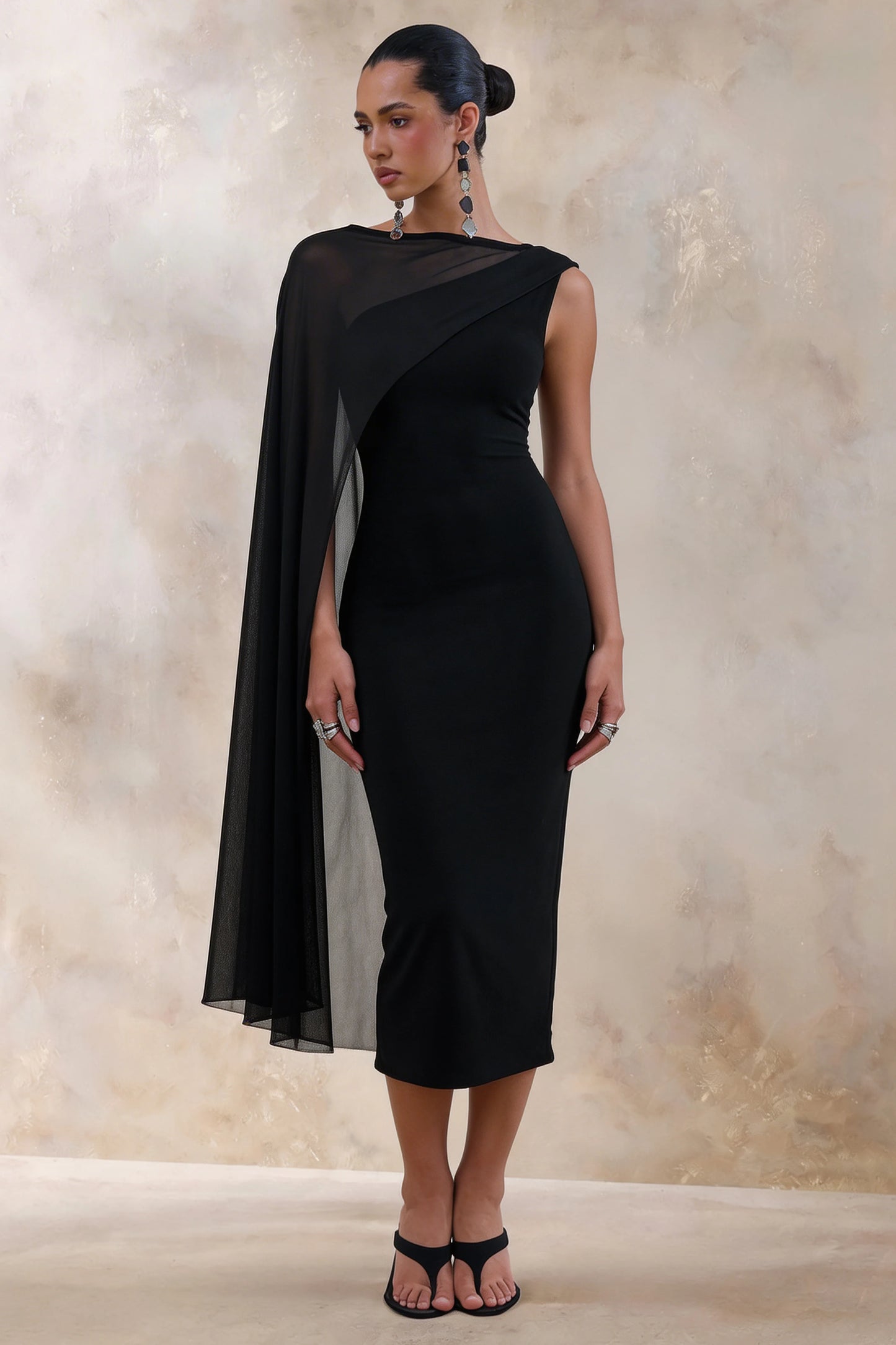 Caloria Black Asymmetric-Neck Midi Dress With Mesh-Cape