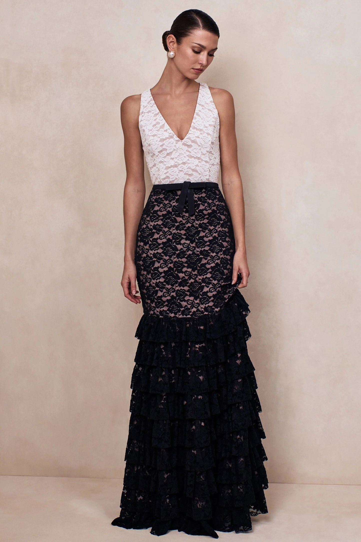 Isoria Black And White Lace Halter-Neck Maxi Dress With Bow-Belt Detail