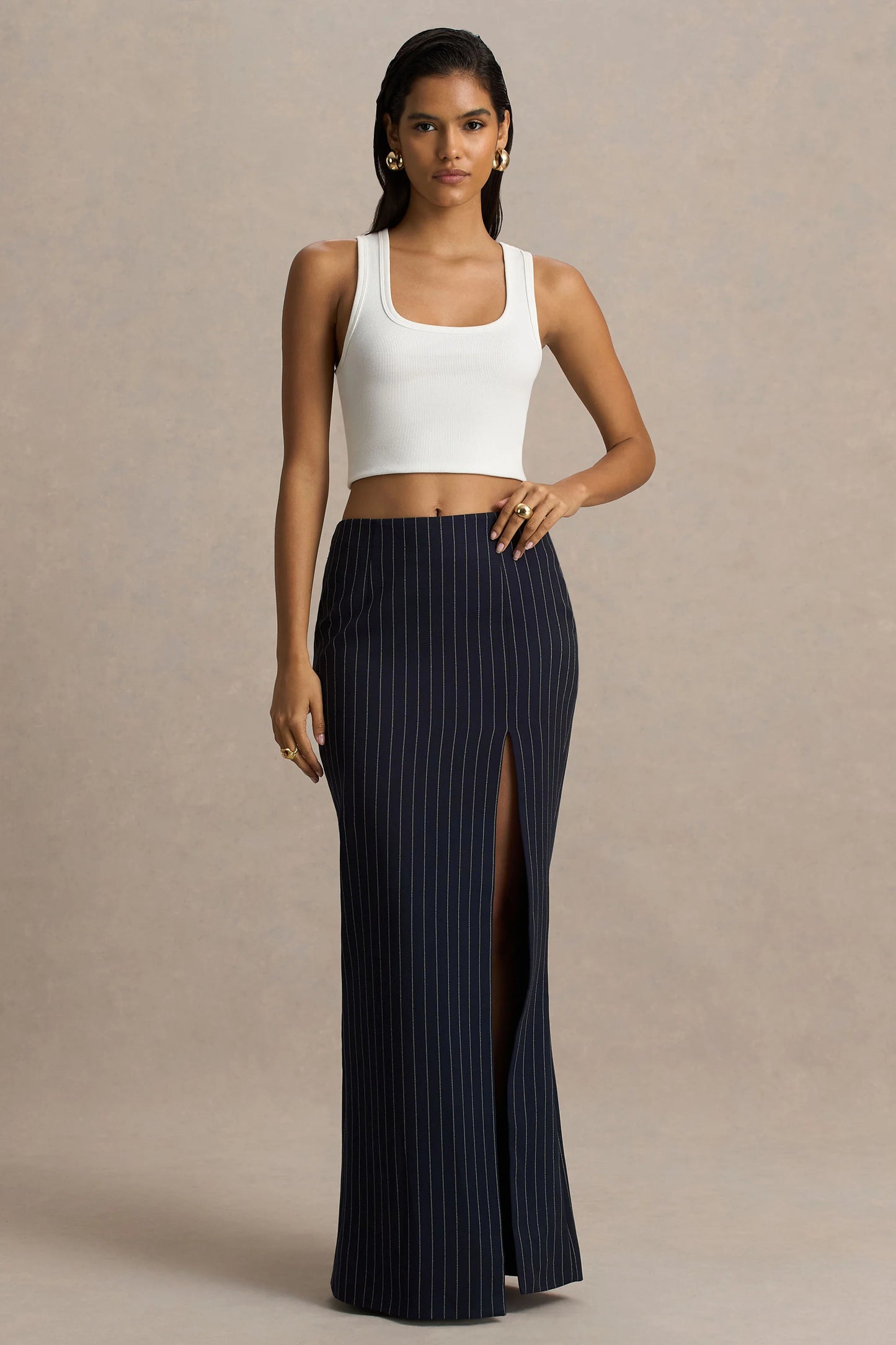 Elana Navy Pinstripe Maxi Skirt With Front-High Split