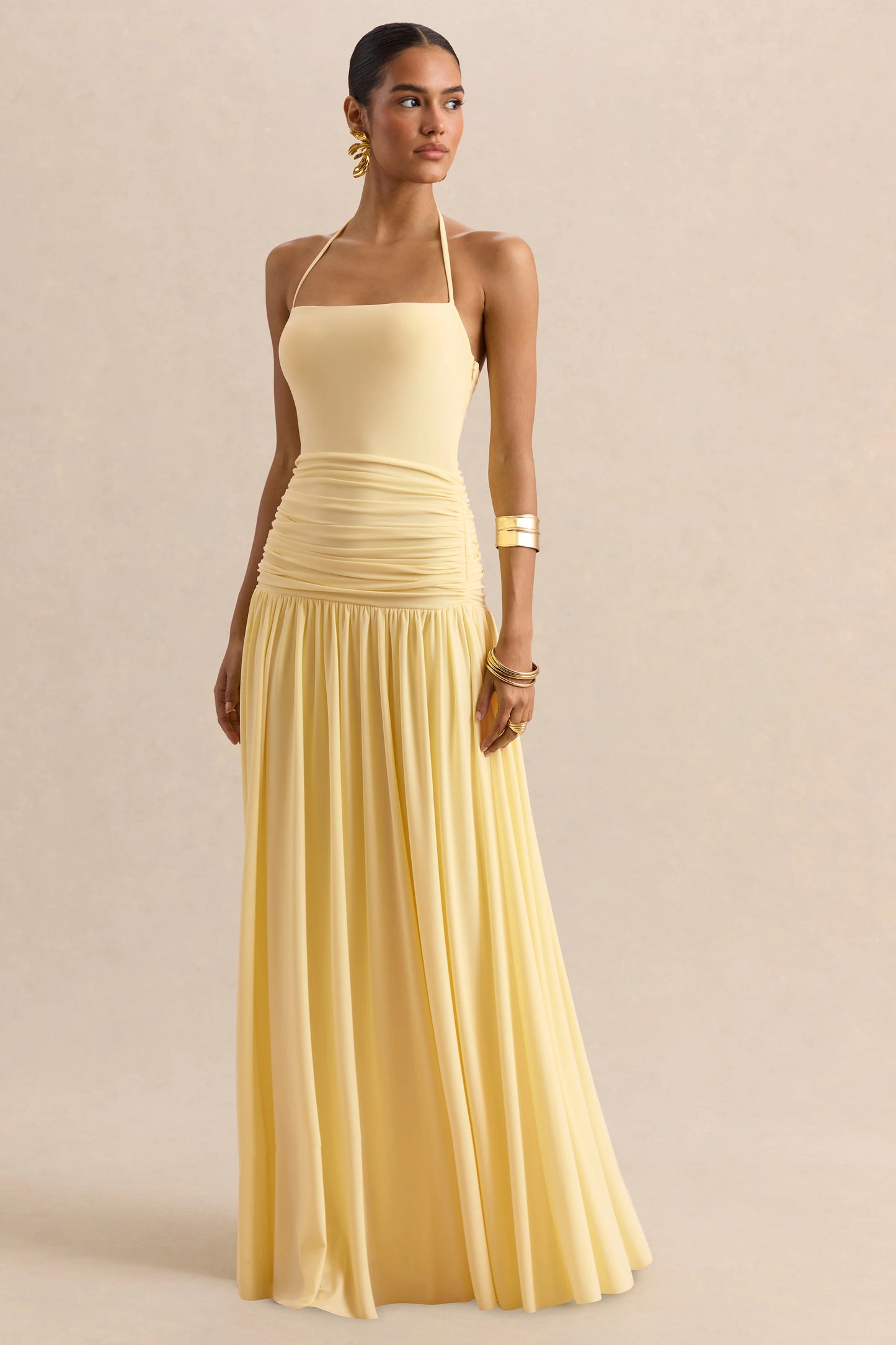 Nicolette Lemon Square-Neck Maxi Dress With Ruched-Detailing