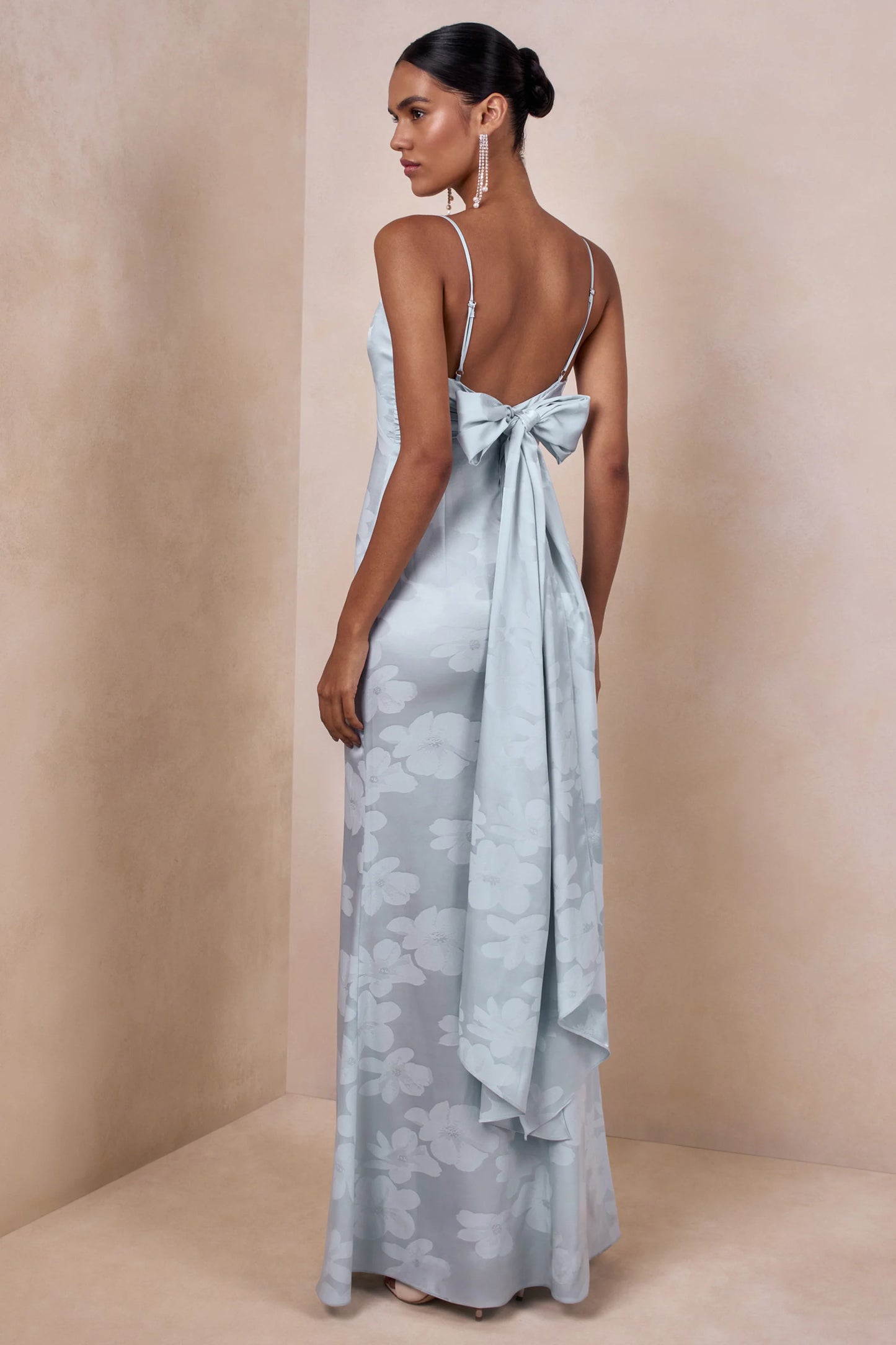 Carelle Powder Blue Satin Plunge-Neck Maxi Dress With Asymmetric Drop-Waist