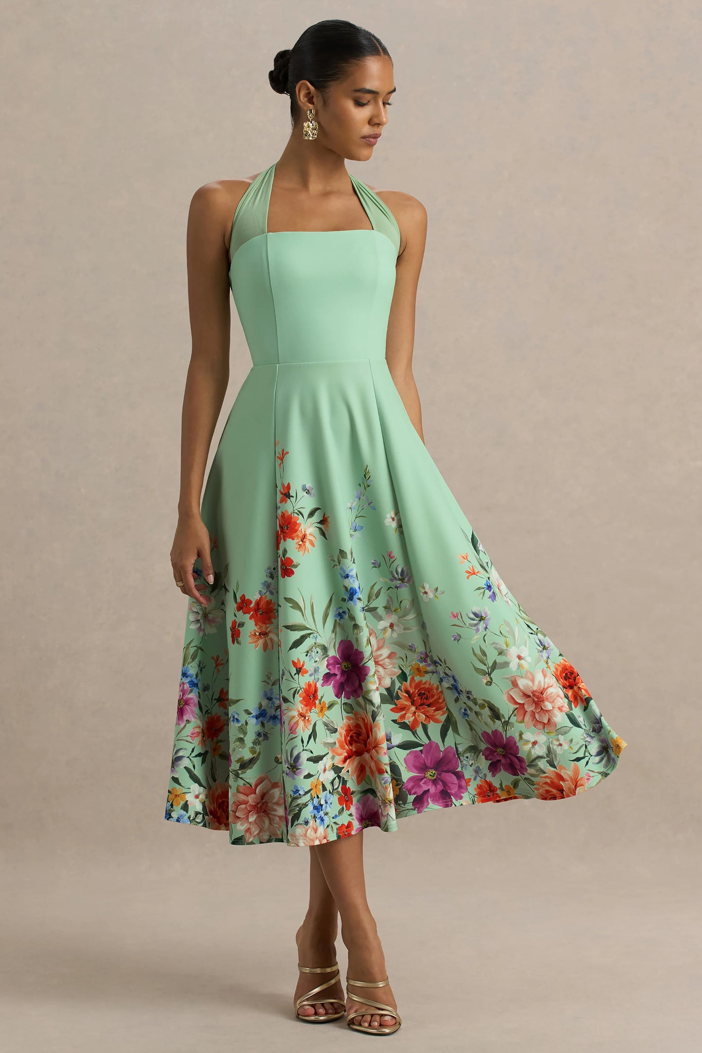 Auburn Mint Placement Floral Halter-Neck Midi Dress