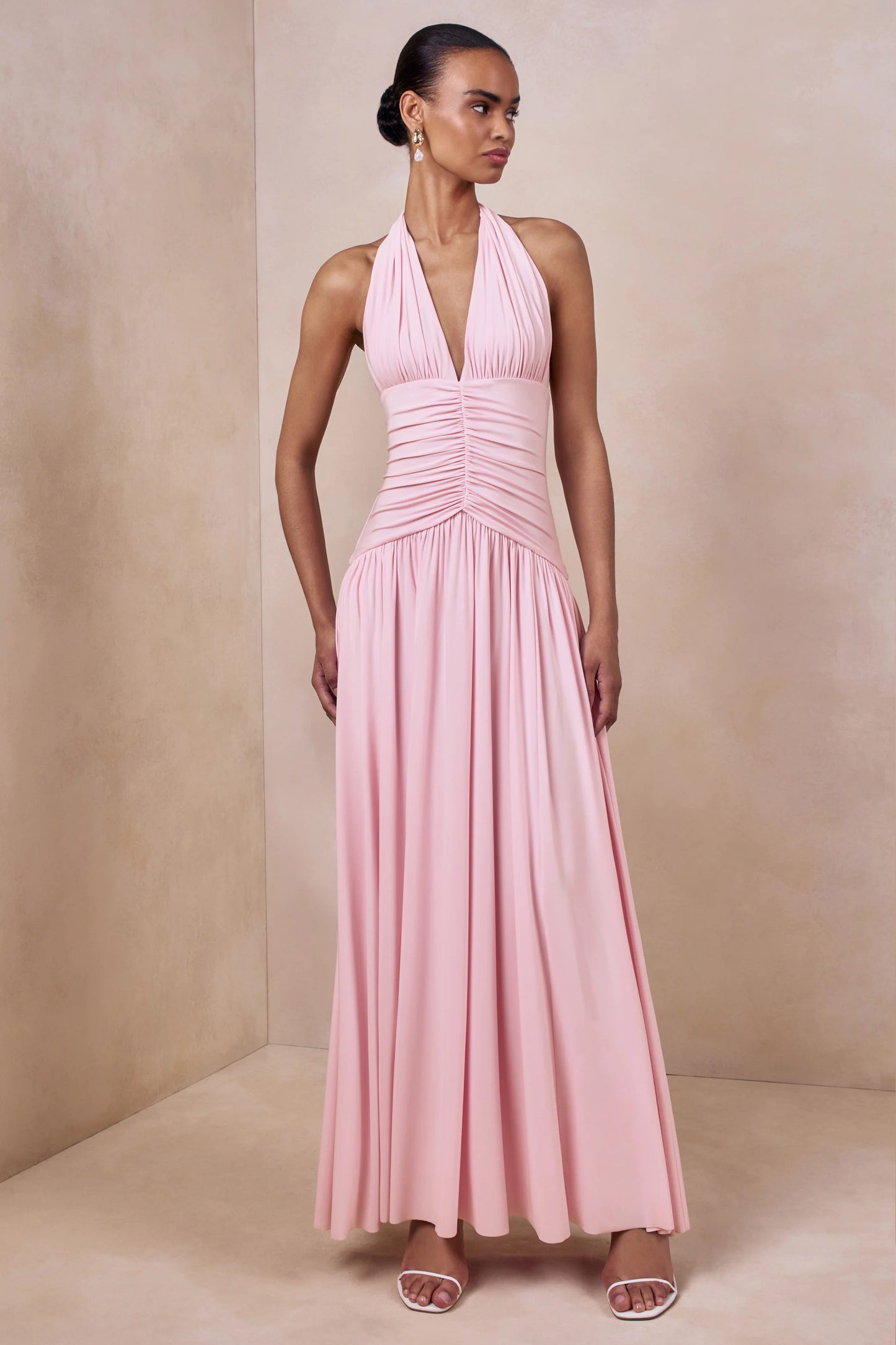 Bettina Pink Plunge-Neck Maxi Dress With Gathered-Detailing