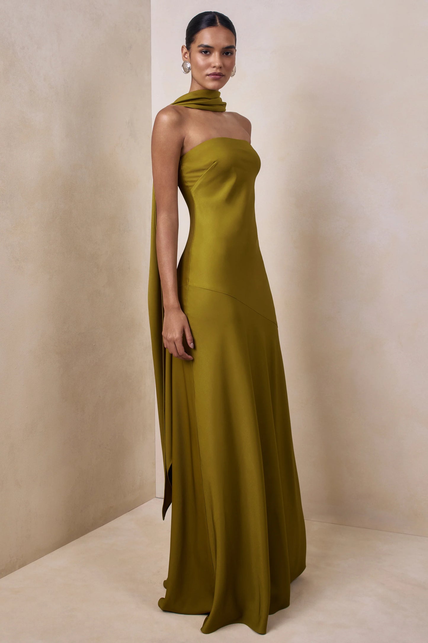 Charly Olive Matte Satin Bandeau Maxi Dress With Scarf-Detail