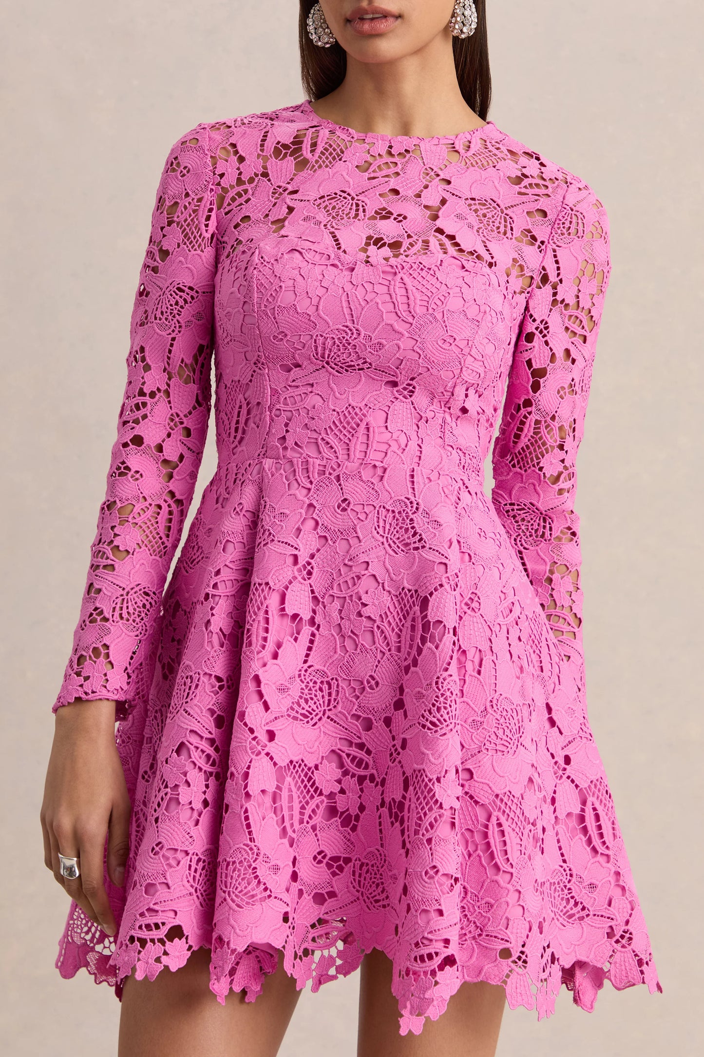 Morina Pink Lace Crew-Neck Mini Dress