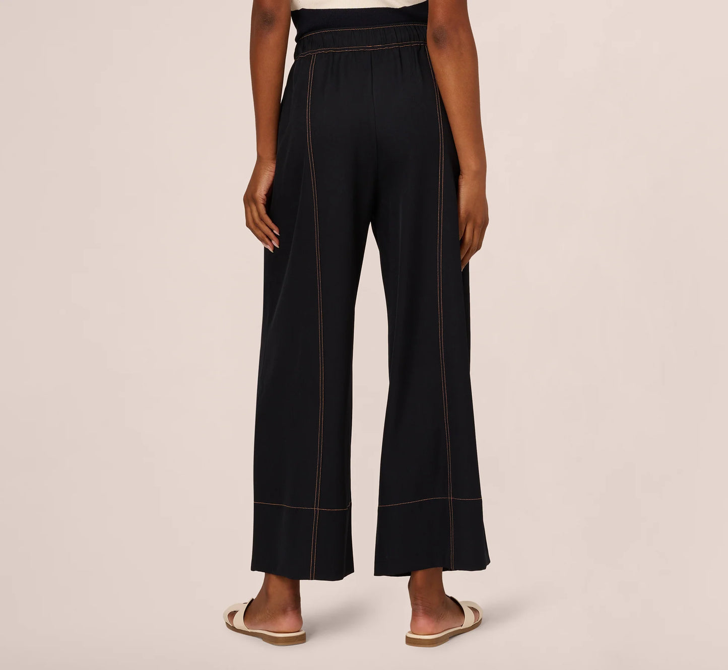 Contrast Stitched Wide Leg Drawstring Pant In Navy Khaki