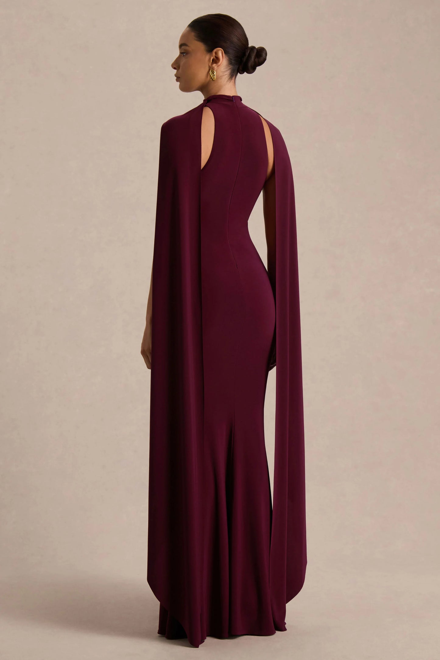 Cordy Burgundy High-Neck Maxi Dress With Scarf-Detail
