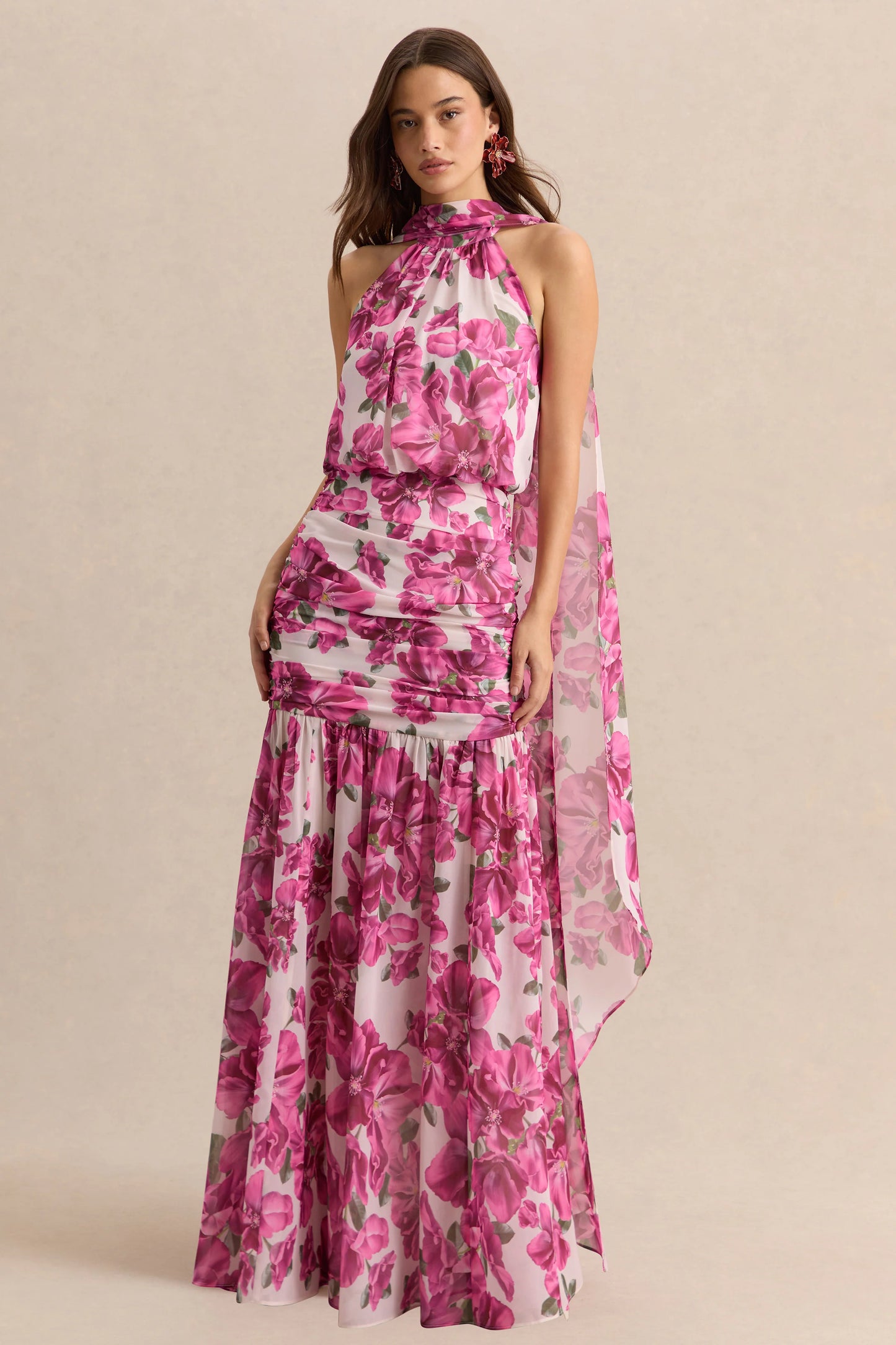 Veronique Pink Hibiscus Floral Halter-Neck Maxi Dress