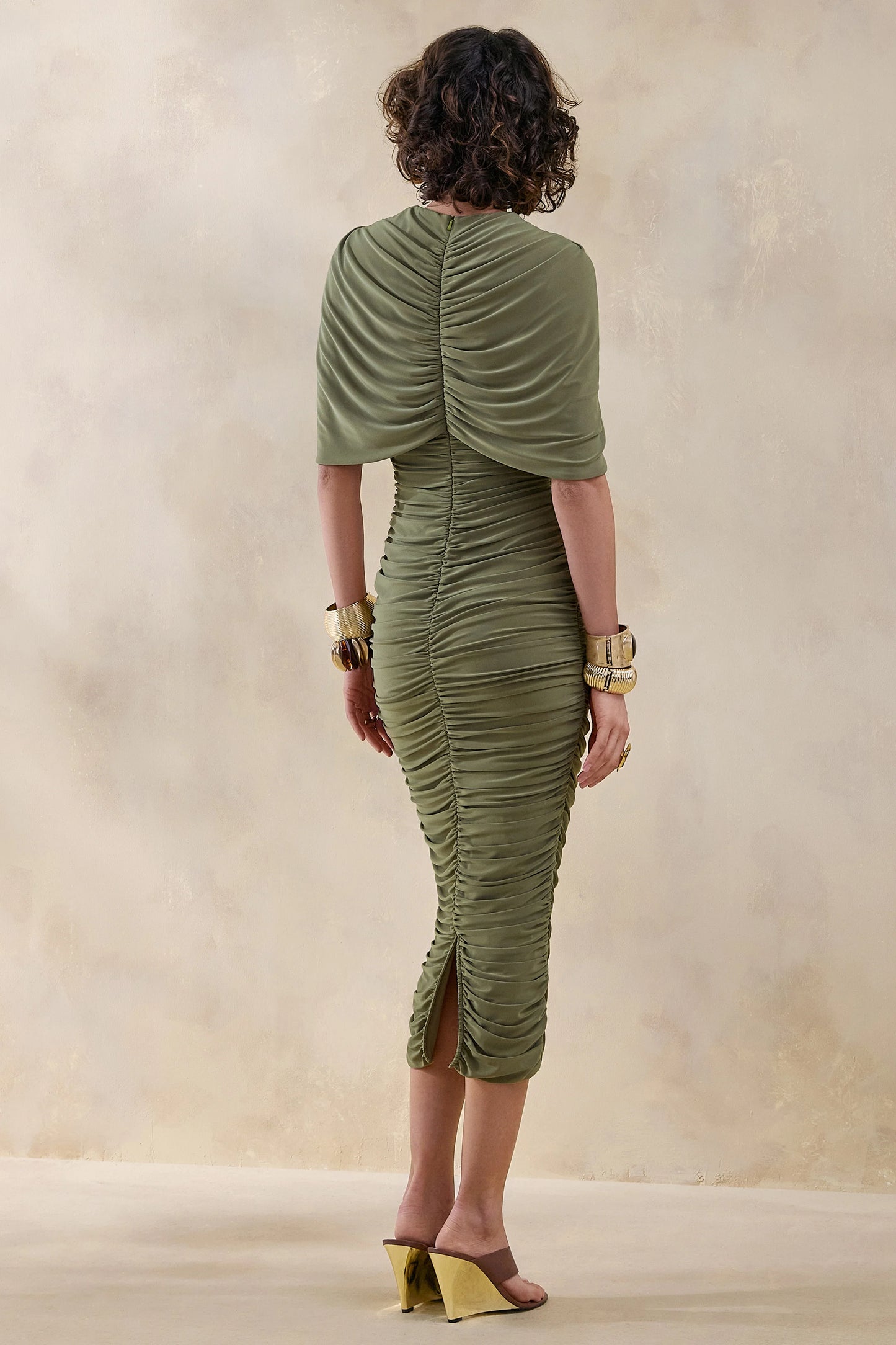 Parisia Olive Round-Neck Midi Dress With Cape-Detail
