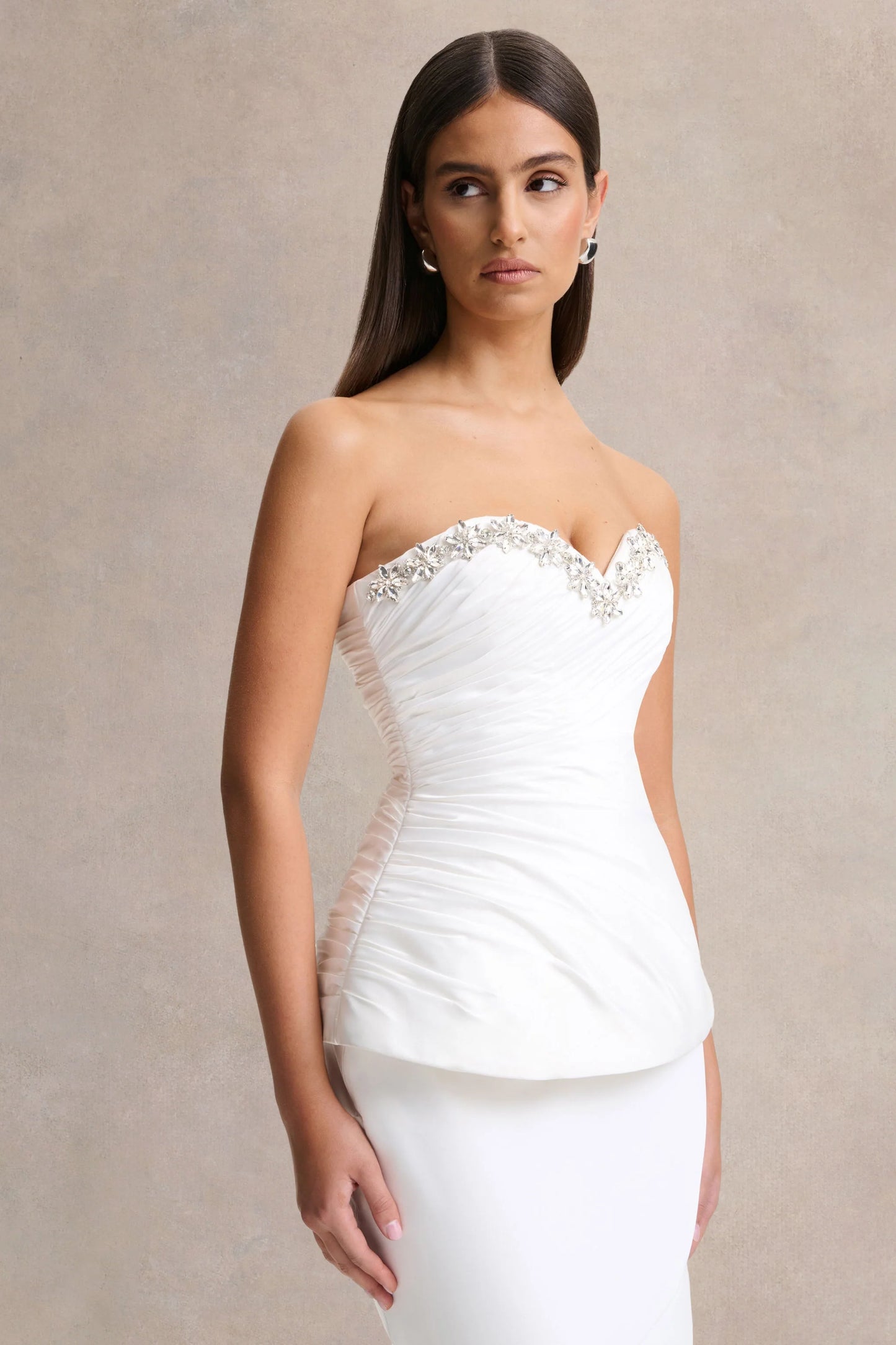 Ambria White Satin Hand-Embellished Sweetheart-Neck Corset Top