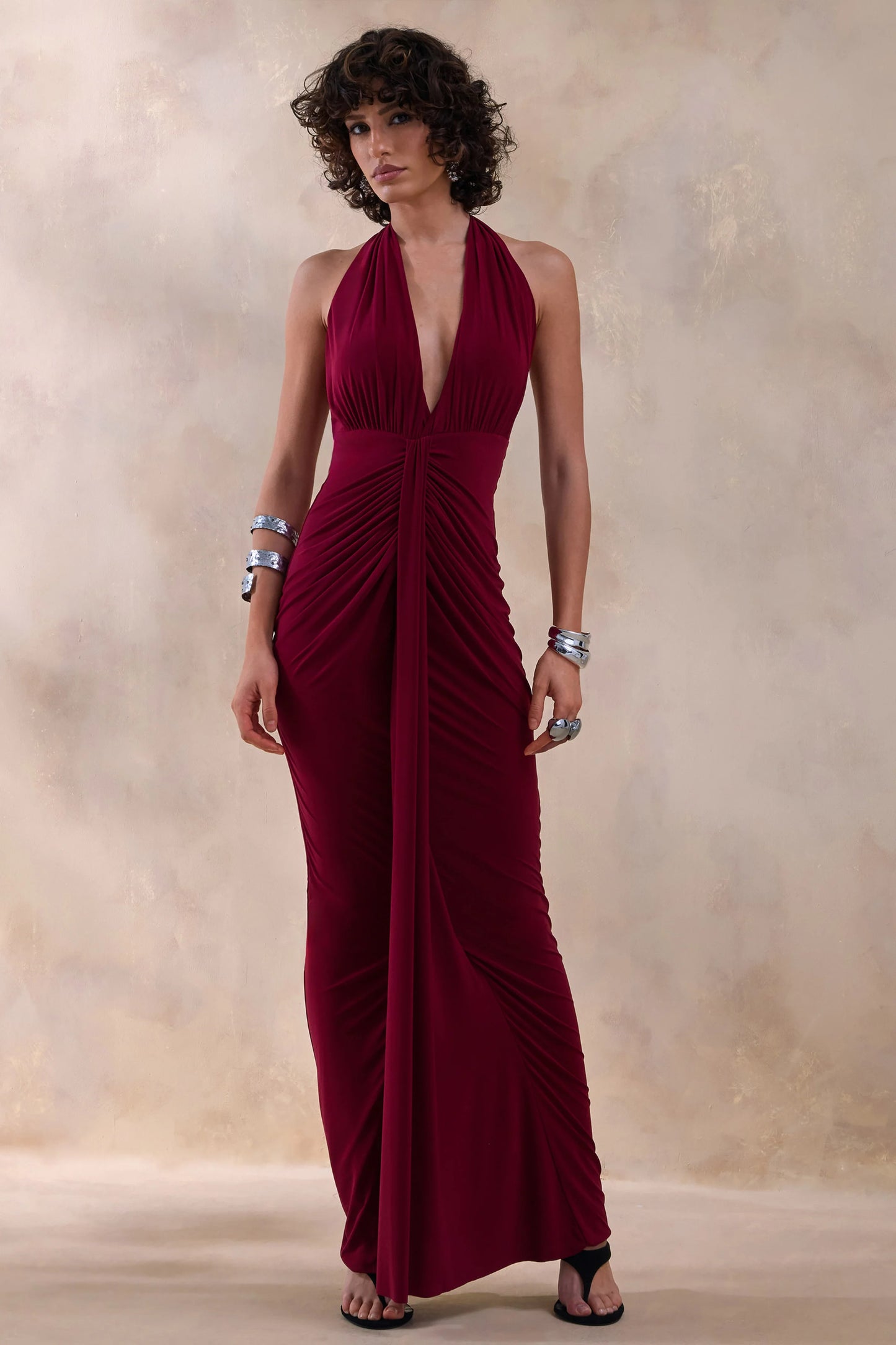 Lesley Burgundy Plunge-Neck Maxi Dress