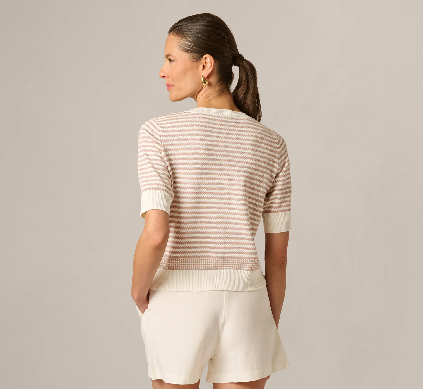 Short Sleeve Metallic Button Cardigan Sweater In Ivory Sand Dune