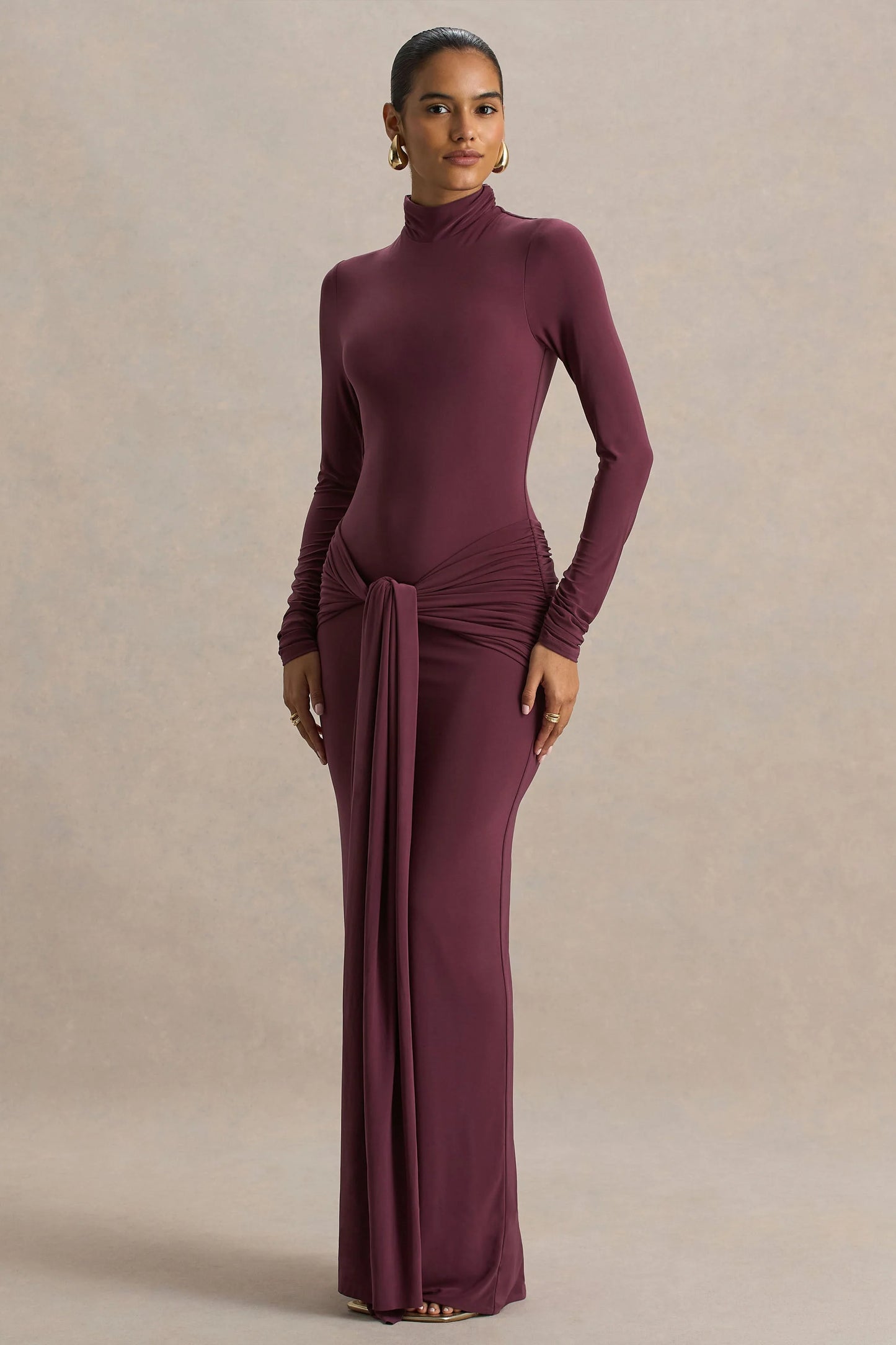 Myra Burgundy High-Neck Maxi Dress With Sash and Ruched Detailing