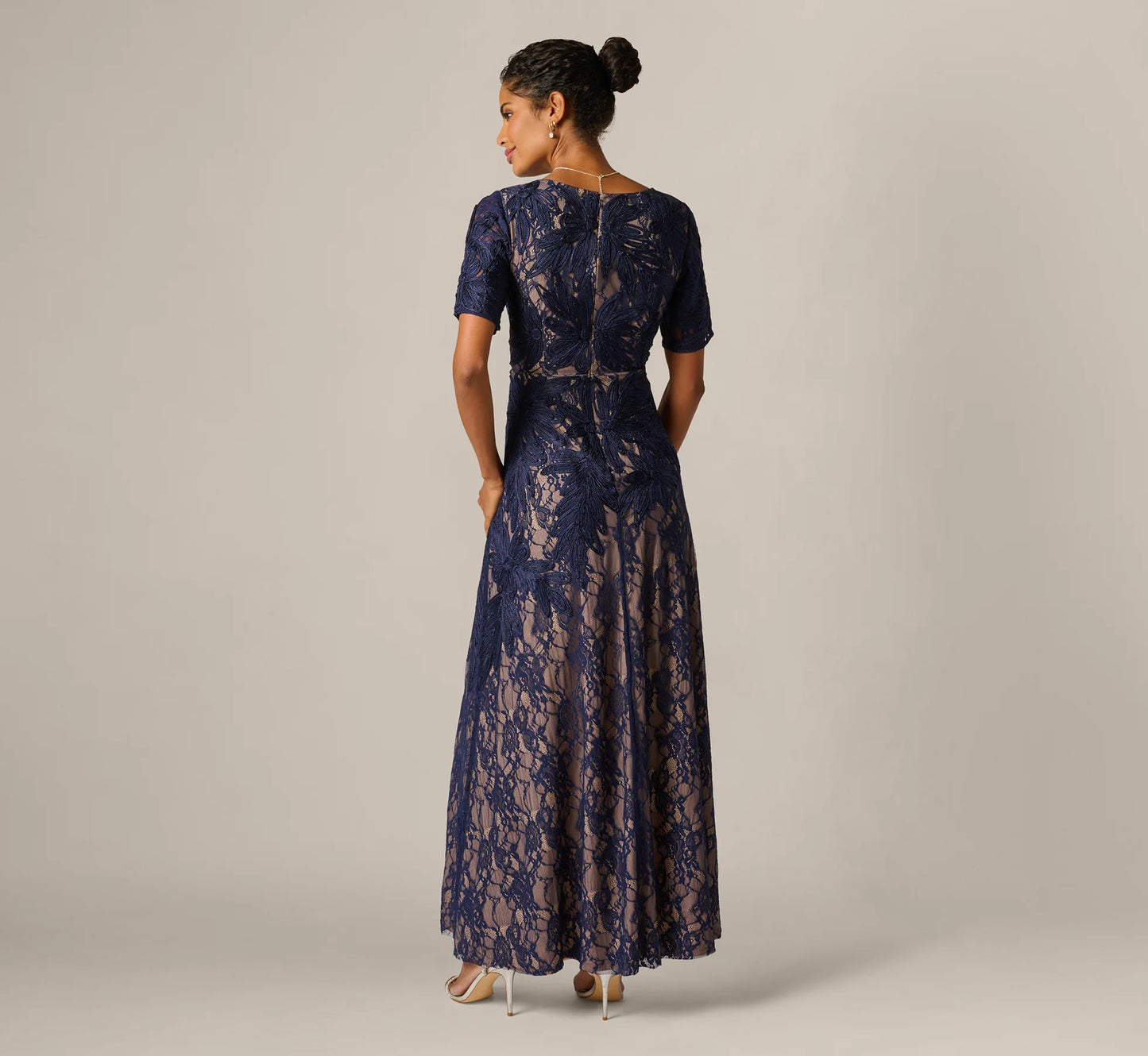 Short Sleeve Lace Soutache Embroidery Gown In Navy Nude