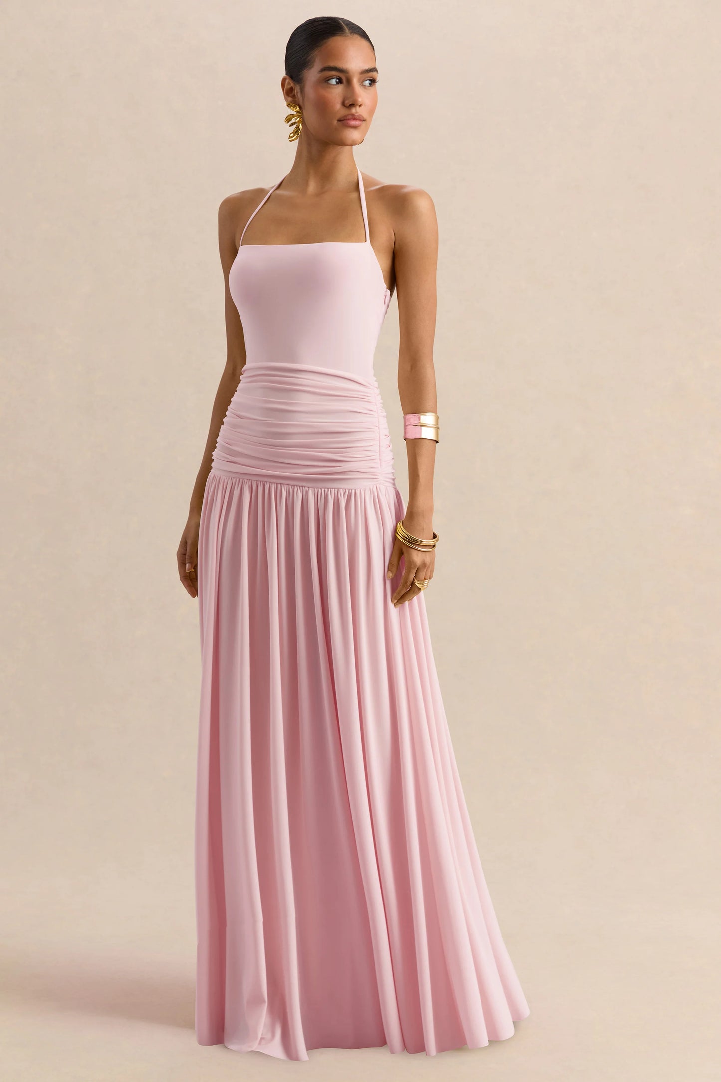 Nicolette Pink Square-Neck Maxi Dress With Ruched-Detailing