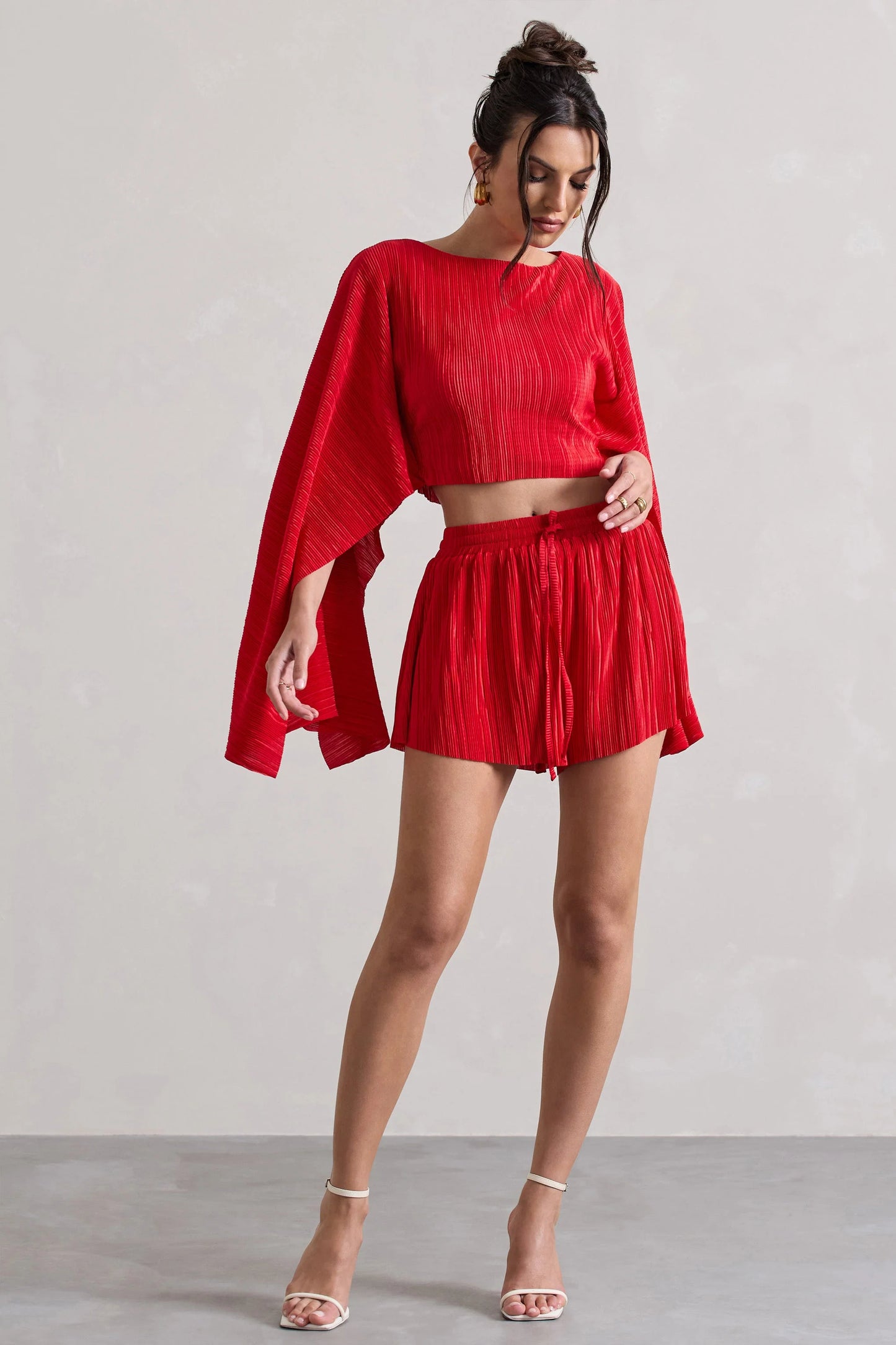 Aflame Red Plisse Tie Waist Shorts