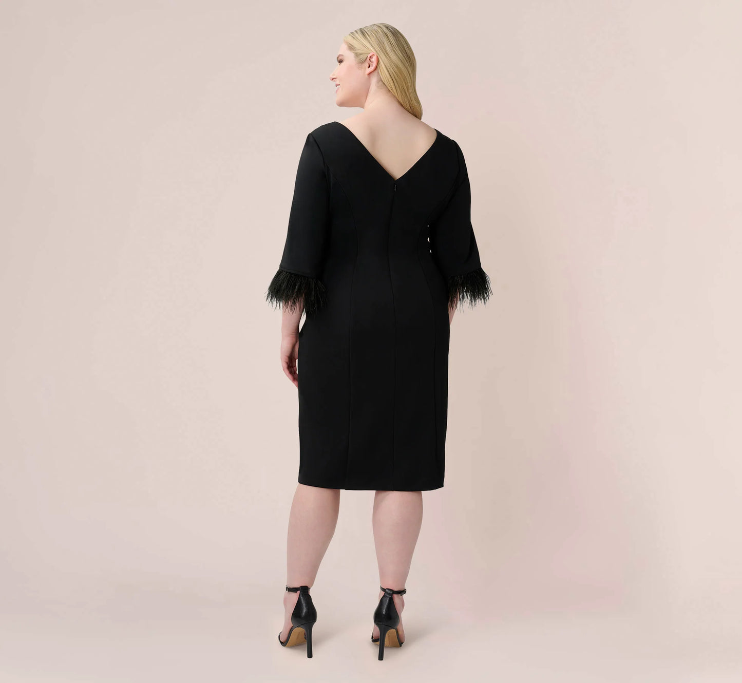 Plus Size Crepe Sheath Dress With V-Back And Feather-Trim Sleeves In Black