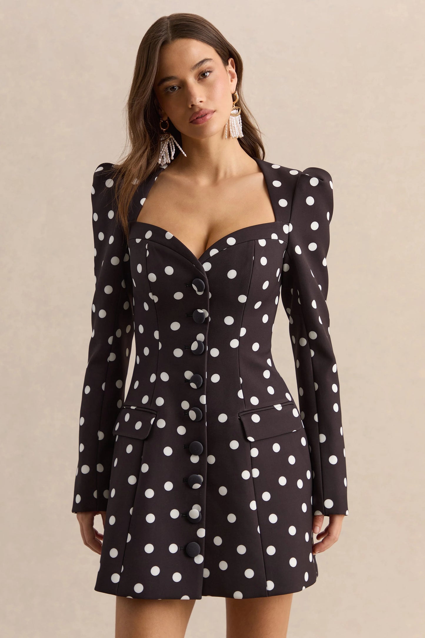 Carmen Black & White Polka Dot Sweetheart-Neck Tailored Mini Dress