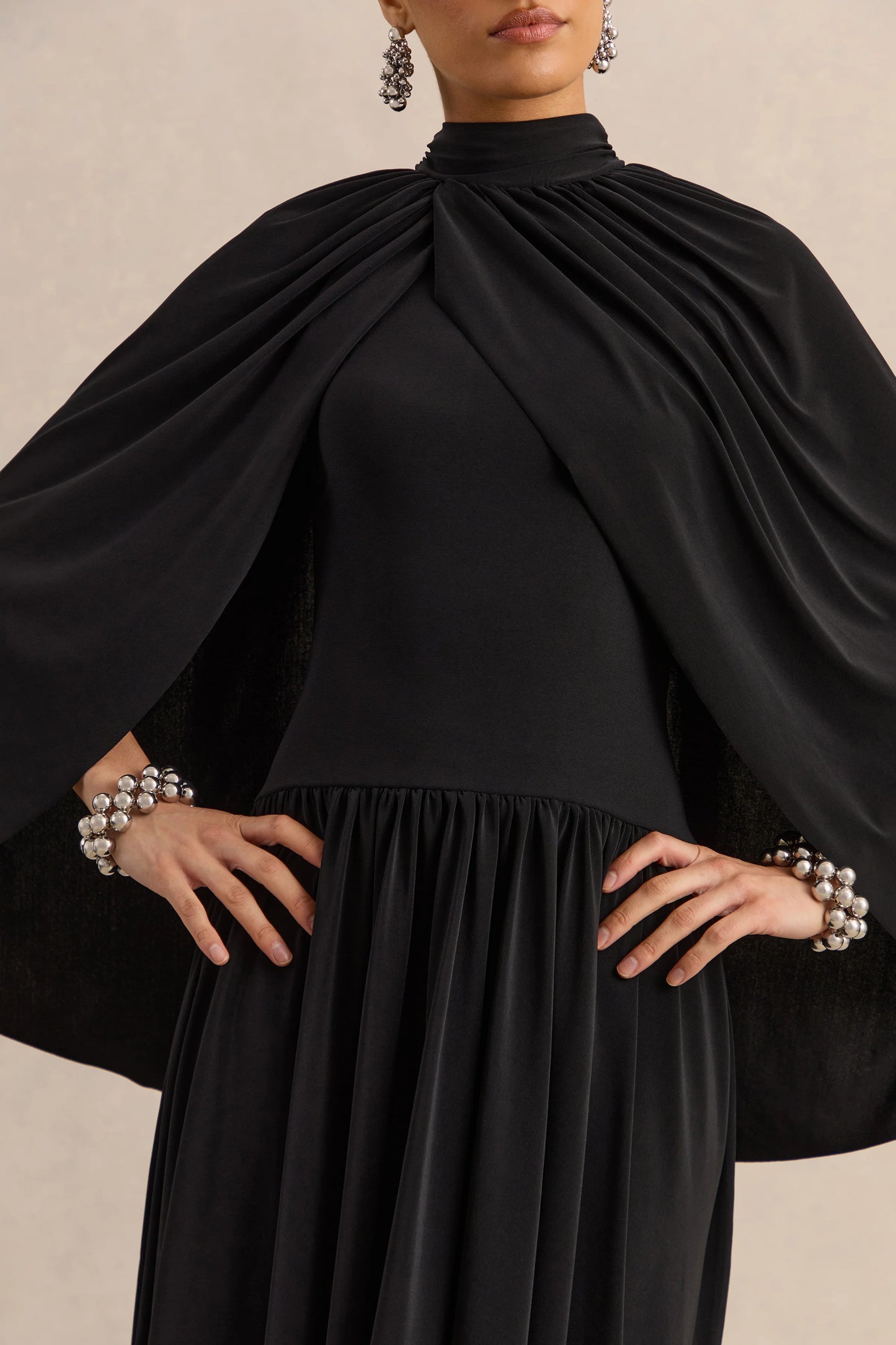 Honora Black High-Neck Midi Dress With Cape-Sleeves