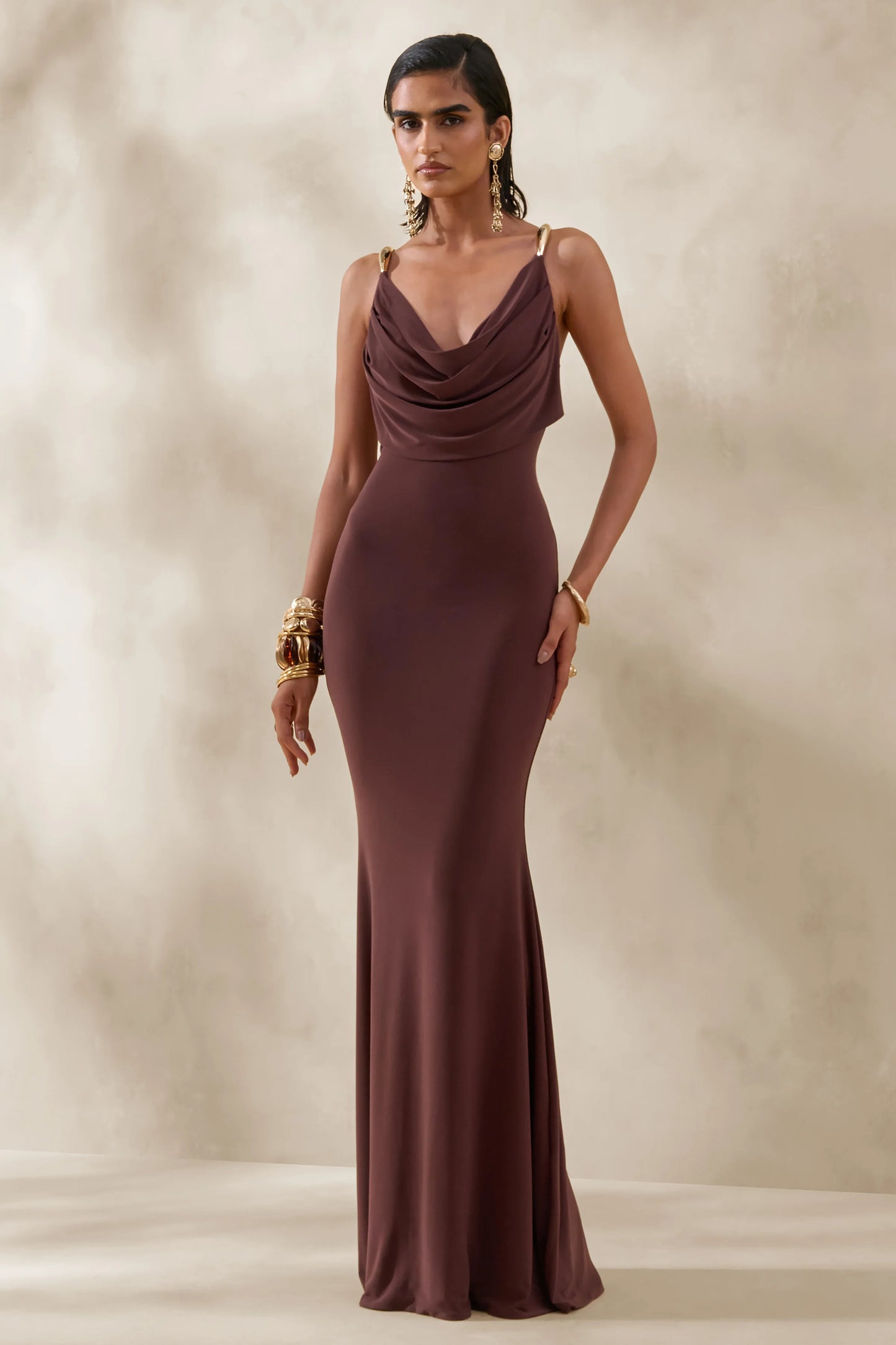 Iridessa Brown Plunge-Neck Maxi Dress