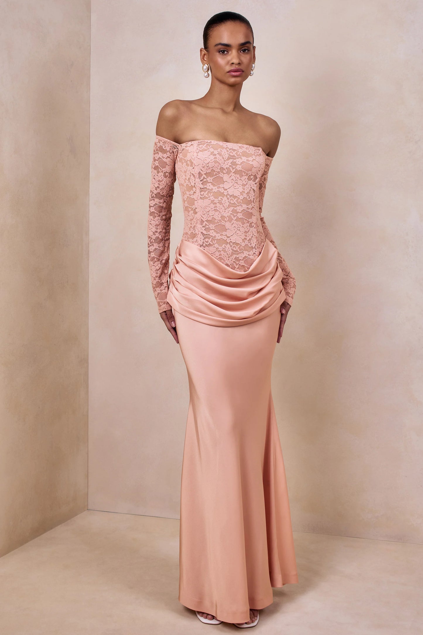 Rinna Pink Lace And Satin Bardot-Neck Maxi Dress