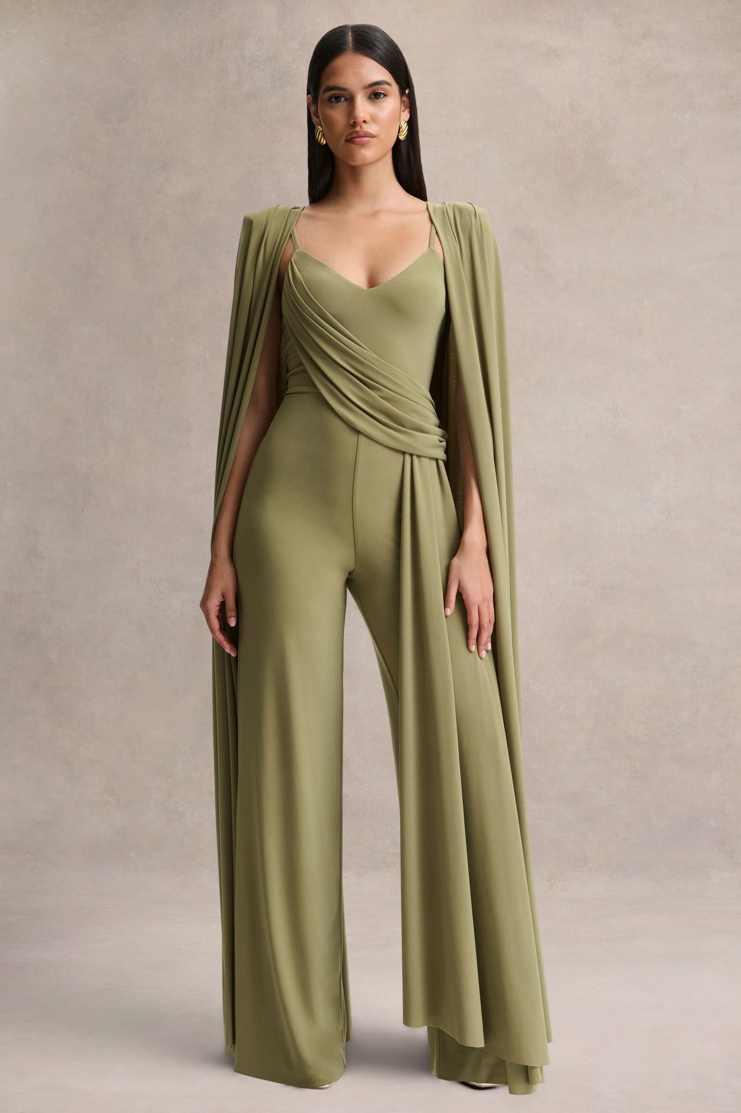 Labina Green Plunge-Neck Jumpsuit With Cape-Sleeves